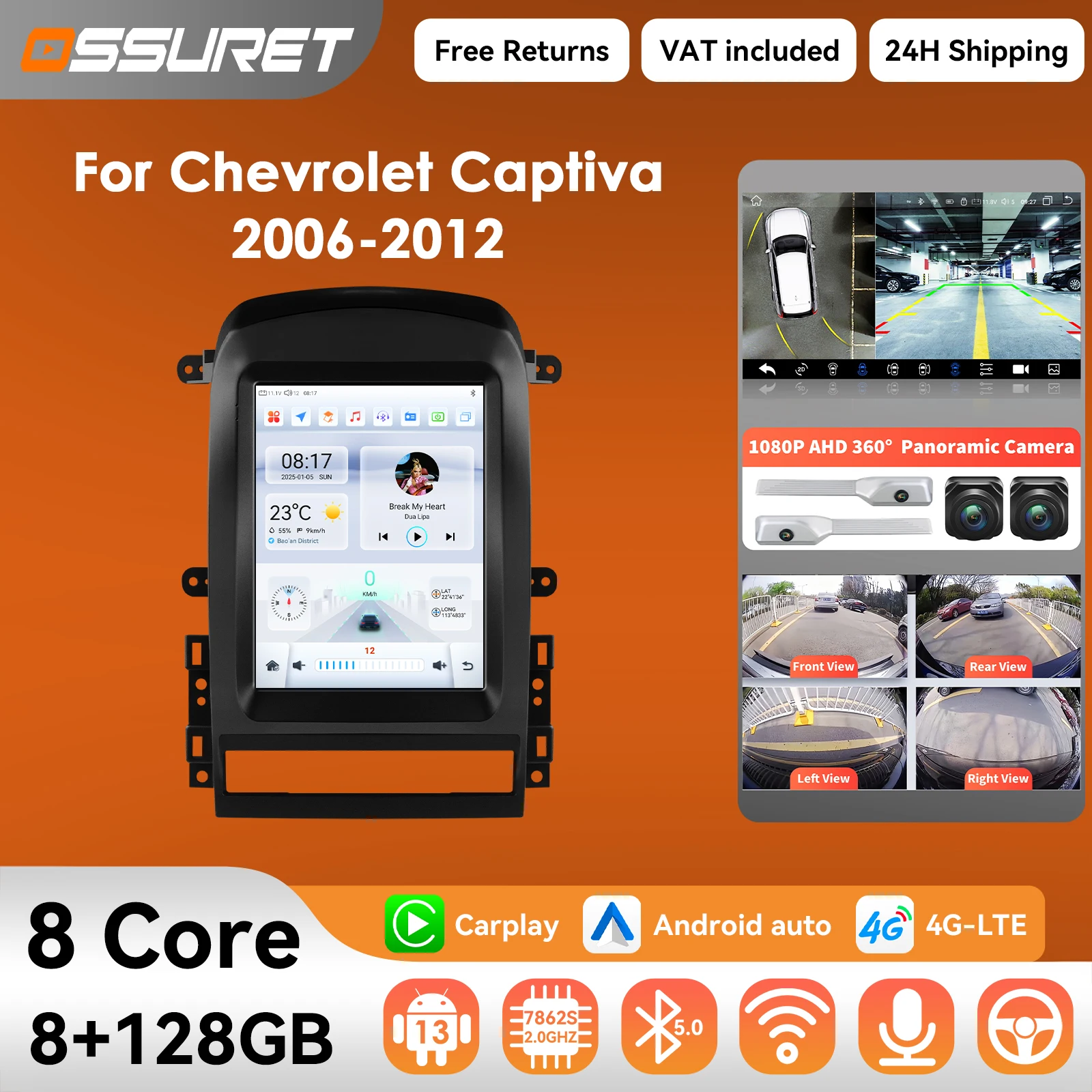 9.7 "Wireless Carplay Android 14 Autoradio per Chevrolet Captiva Sport 2006-2012 lettore multimediale Autoradio 360 Fotocamera BT schermo