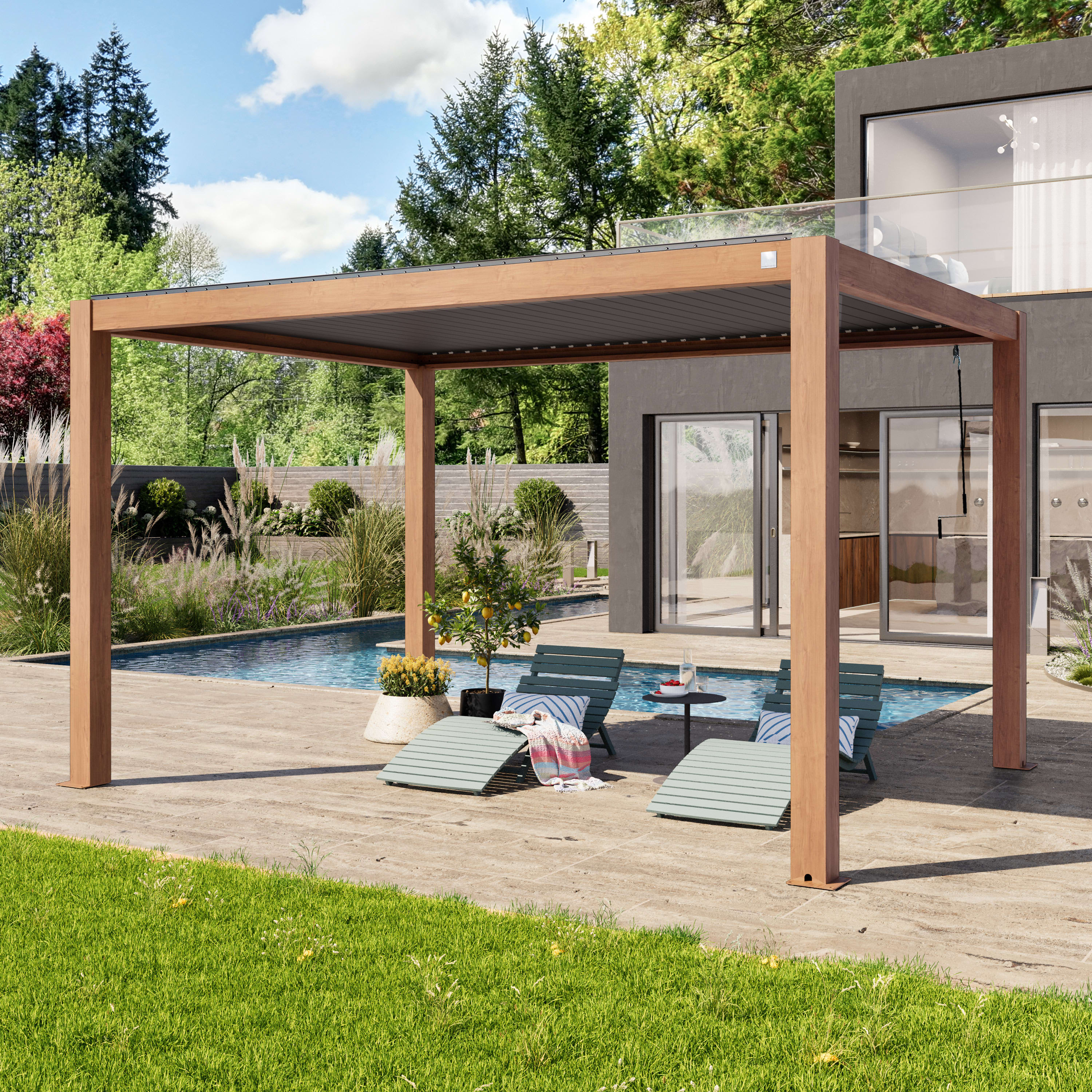 3x4m Pergola in Holzoptik; mit Lamellendach in Perlgrau - (400118) Image