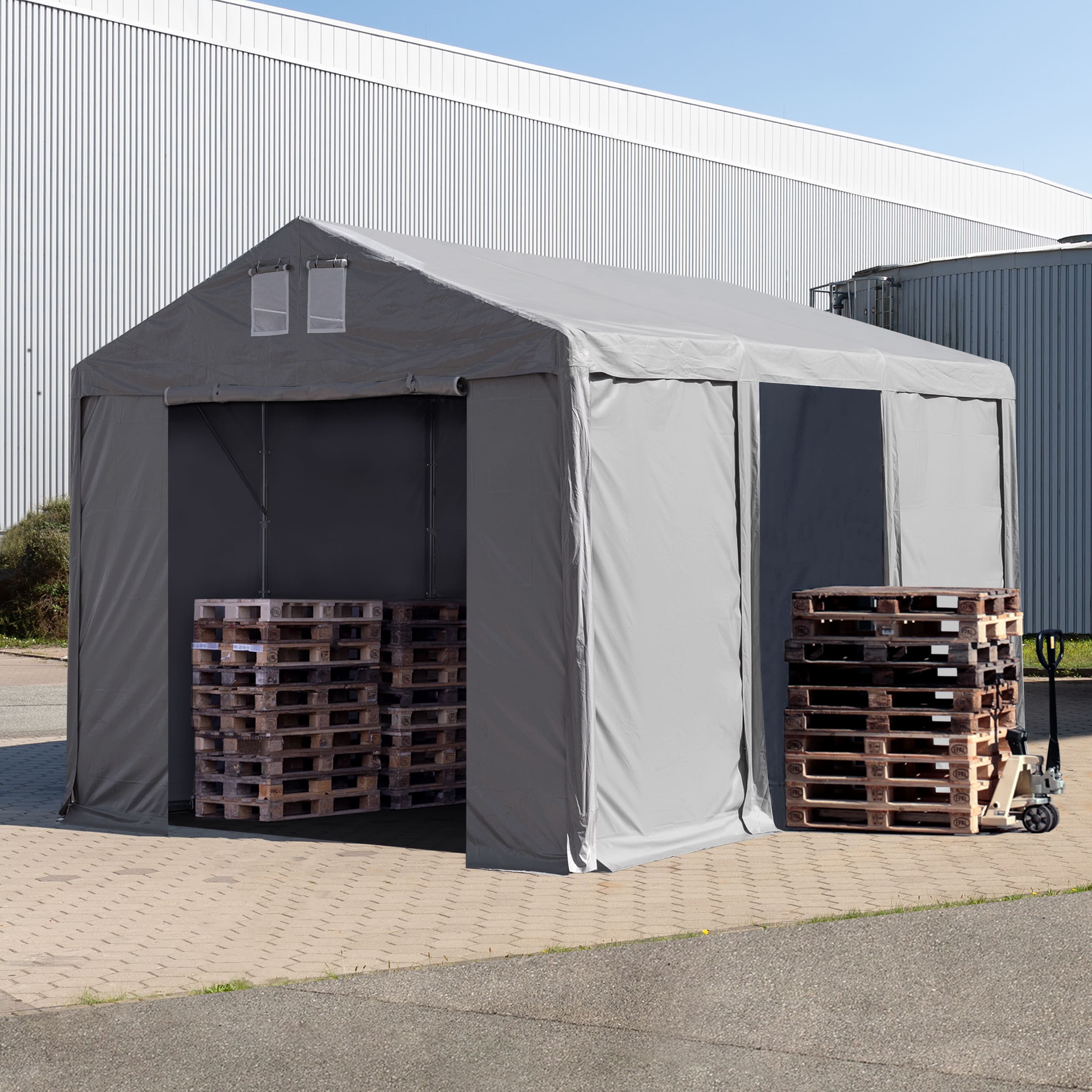 4x6 m Lagerzelt, PVC-Plane, grau, mit Bodenrahmen, mit Statik (Betonuntergrund) - (94008) Image