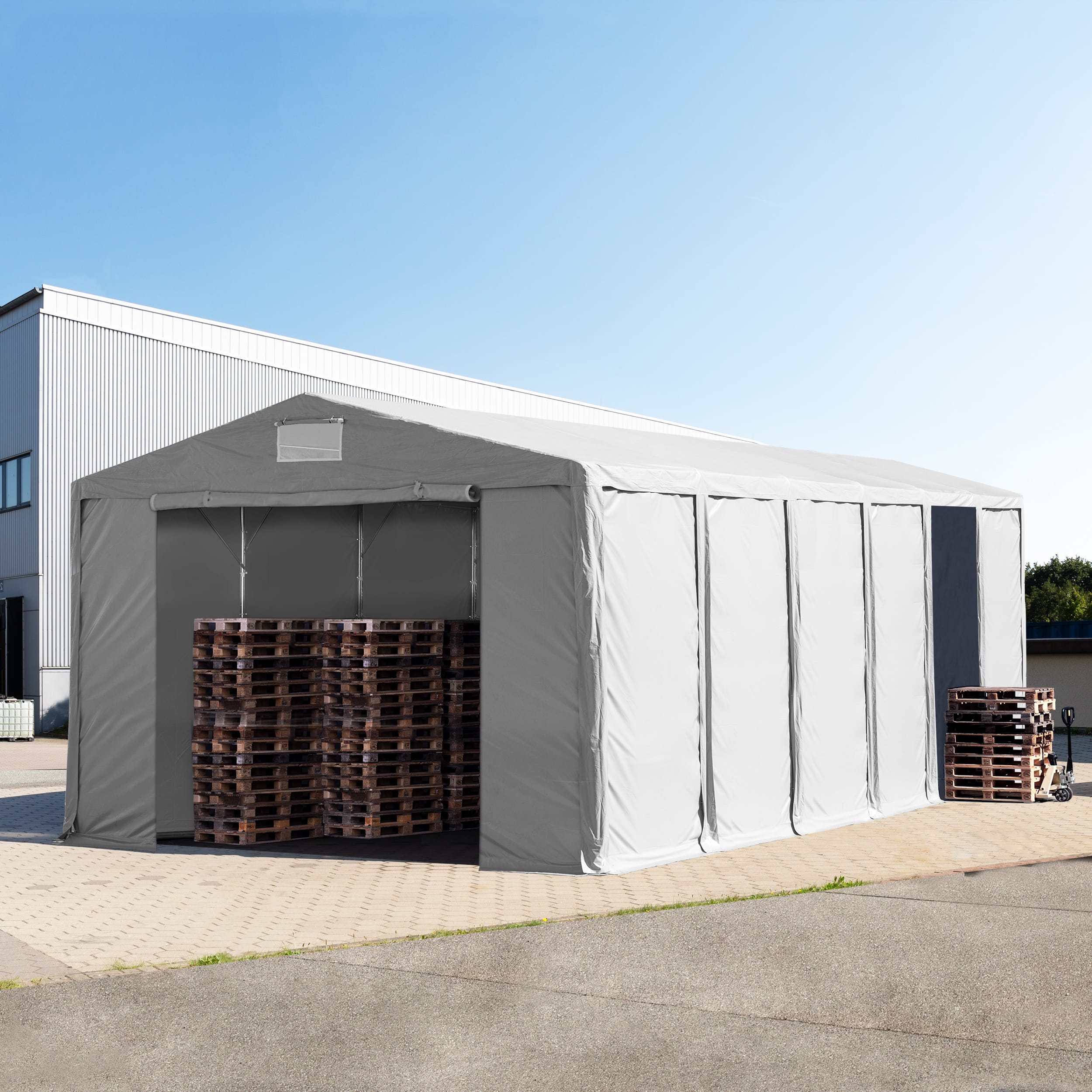 8x16 m Lagerzelt, PVC-Plane, grau, mit Bodenrahmen, mit Statik (Betonuntergrund) - (94271) Image