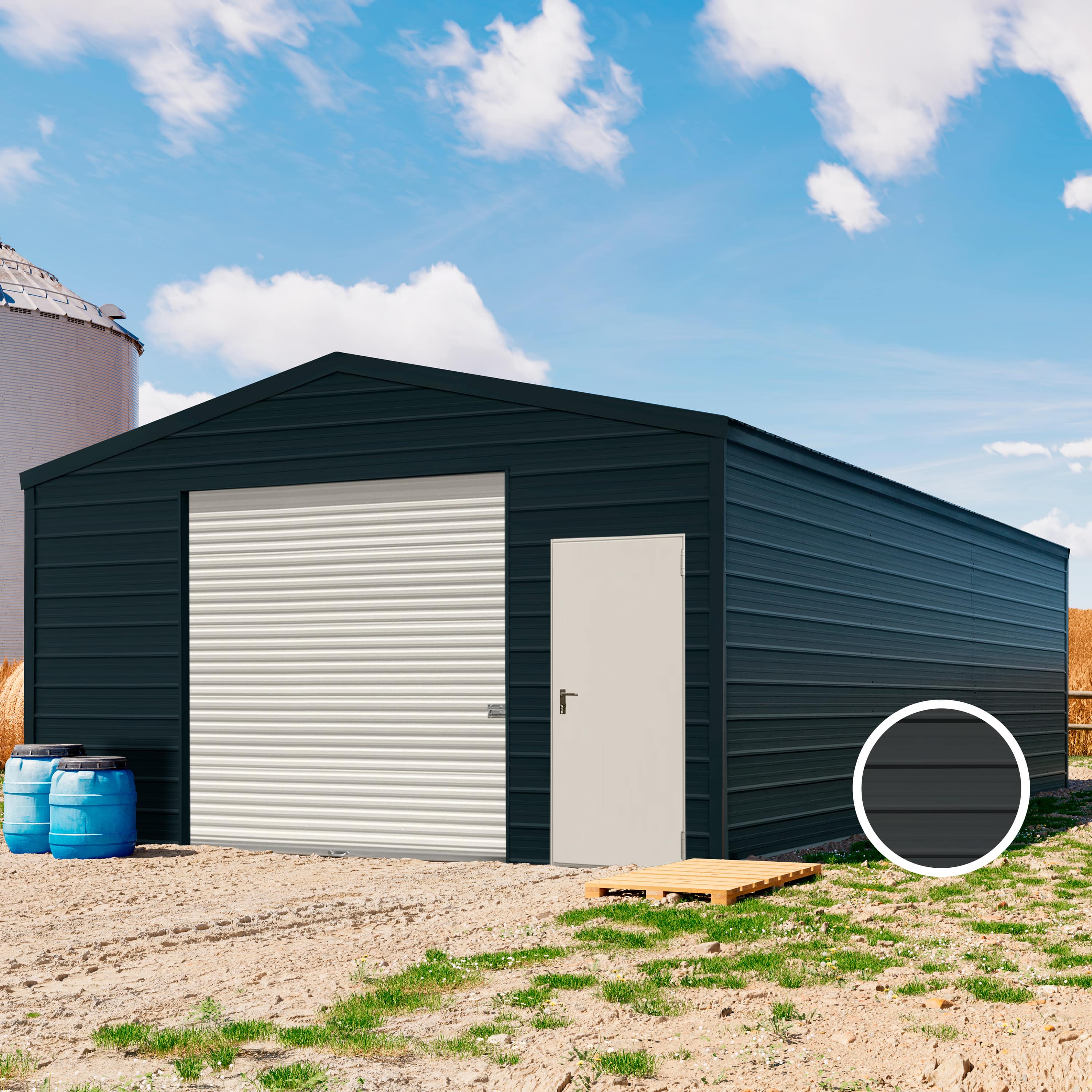 5,7 x 9,2 m ARGO, Stahldach, Leichtbauhalle, Trapezblechverkleidung, Anthrazit, mit Statik (Betonuntergrund), mit Motor und Regenrinne - (KROV00080) Image