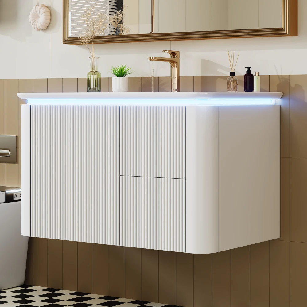 80,5×47,5×51cm Wandmontierter Badezimmerschrank, LED-Radar-Bewegungssensor-Licht, Geräuscharme Schubladen, Stoßfestes Design, Einteiliges Waschbecken