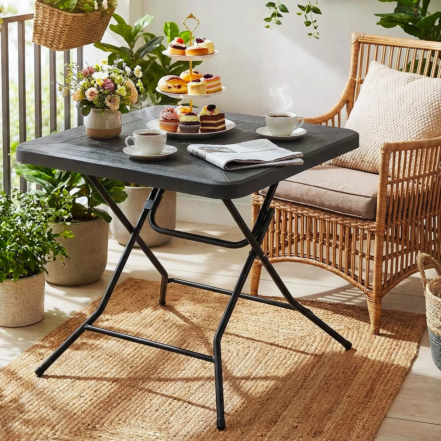 Klapptisch mit Stahlrahmenbeinen, Holzmaserung, faltbarer Tisch für Hochzeit, Party, Küche, Wohnzimmer, Balkon, Outdoor, Camping Image