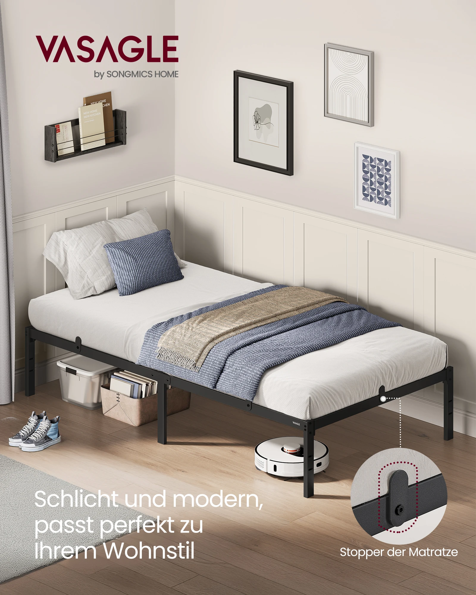 VASAGLE Bett, Metallbett, Bettrahmen, Unterbettaufbewahrung, modern, Gästebett, einfacher Aufbau Image