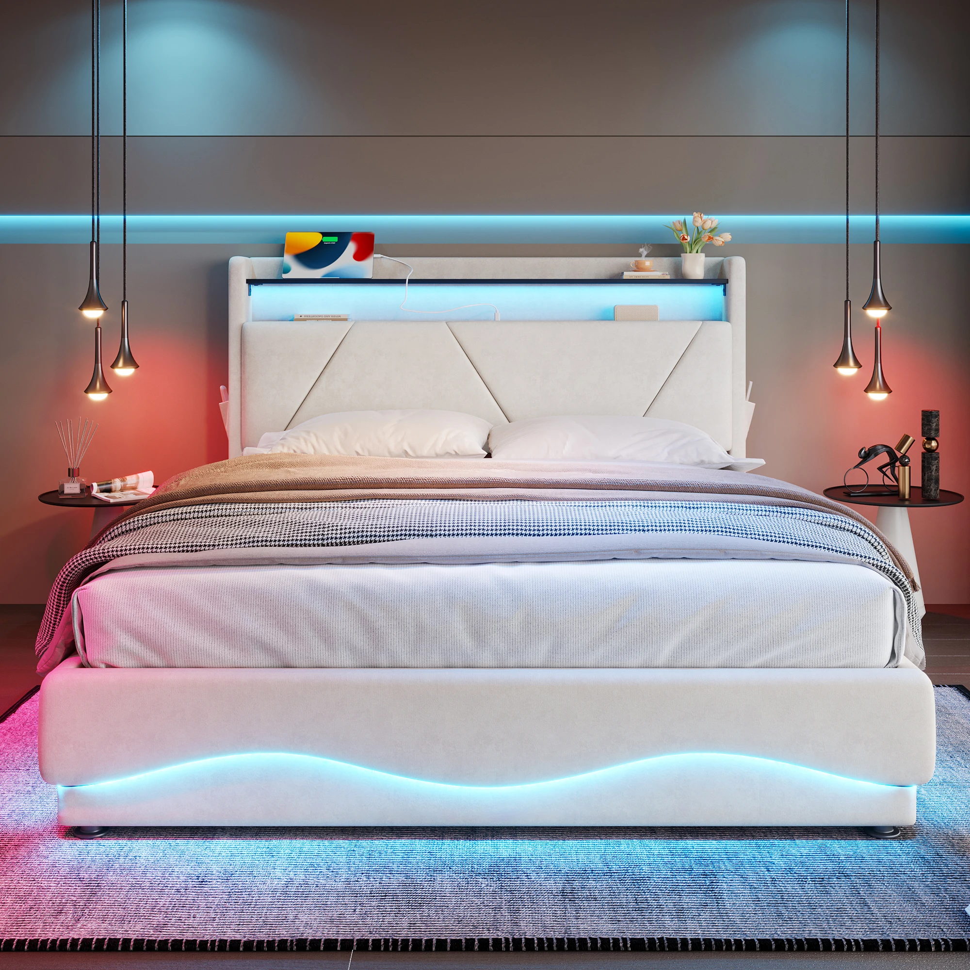 LVHOM Modernes LED-Bettgestell, 140/160×200CM, mit Kopfteilablage, Stauraum unter dem Bett, USB-Anschlüssen und Seitentaschen Image