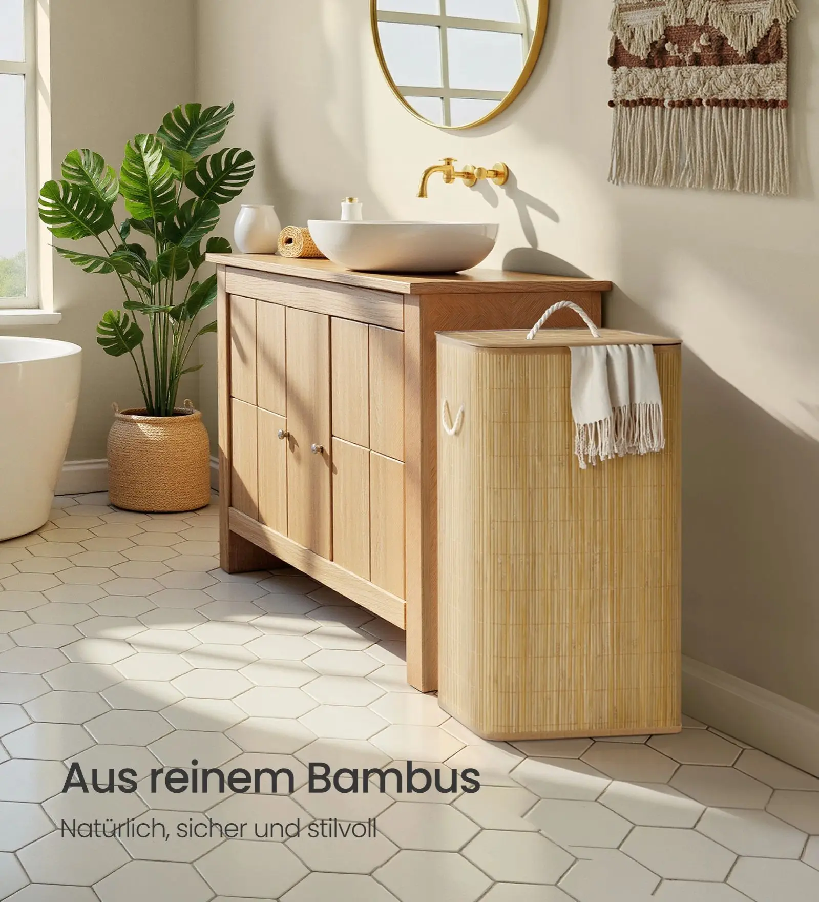 SONGMICS Wäschekorb mit Deckel, 60 L, Wäschesammler Bambus, rechteckig, faltbar, naturfarben