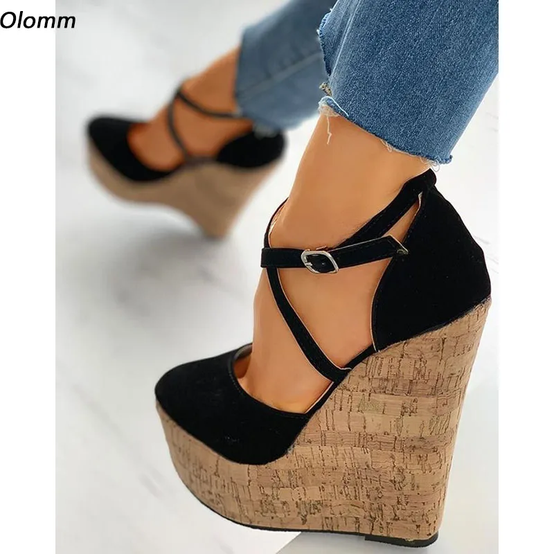 Olomm Handgemachte Damen-Plateau-Pumps, sexy Keile, High Heels, Pumps, Charm, runde Zehen, elegante schwarze Schuhe, Damen, Übergröße, US-Größe 5–20