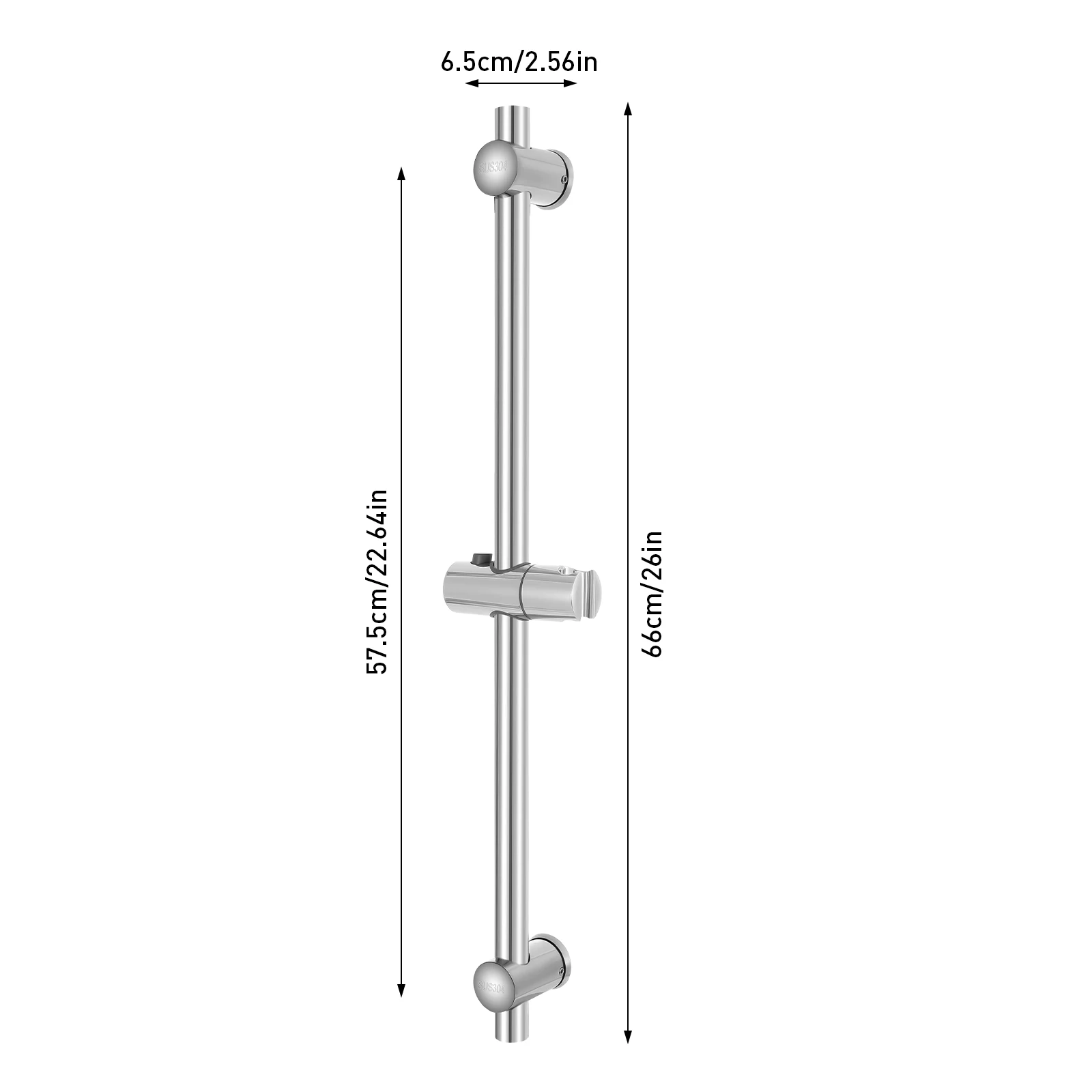 Duschstange aus Edelstahl, 66 cm, mit Duschkopfhalter, Schienenkopf, verstellbar für Handbrausen, Chrom-Duschstange