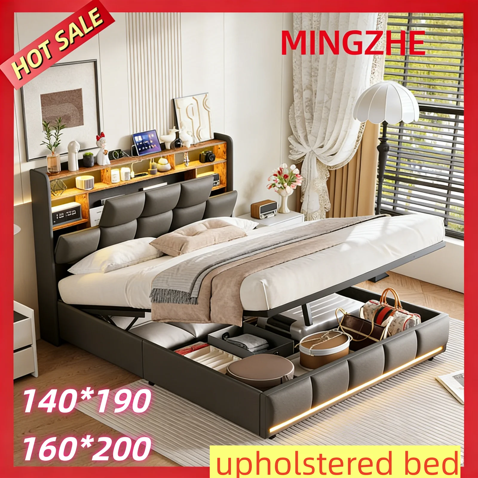 MINGZHE Bett 160x200/140x190, Polsterbett mit LED und USB, Hydraulisches Stauraumbett, Doppelbett mit Lattenrost und Kopfteil, Bettgestell mit Bettkasten, ohne Matratze