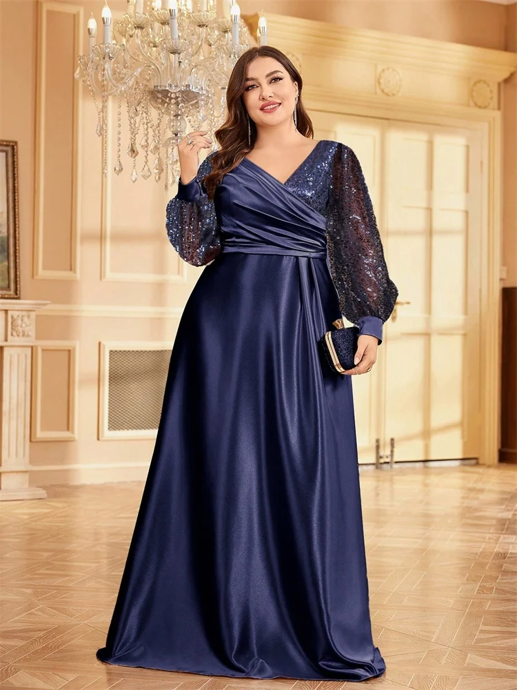Plus Size Luxus Grün V-Ausschnitt Pailletten Abendkleid Elegante Frauen Party Maxikleid Langarm Cocktailkleid Abschlussball