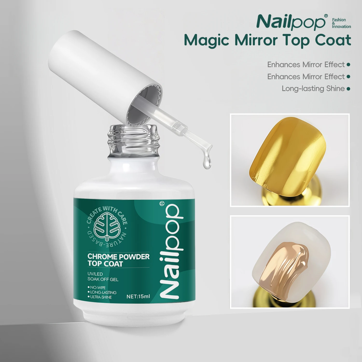 Nailpop Magic Mirror Top Coat verbessert den Spiegeleffekt. Dieser Link enthält Magic Remover Top/Base Coat und Nagelhautöl, 1 Stück. Image
