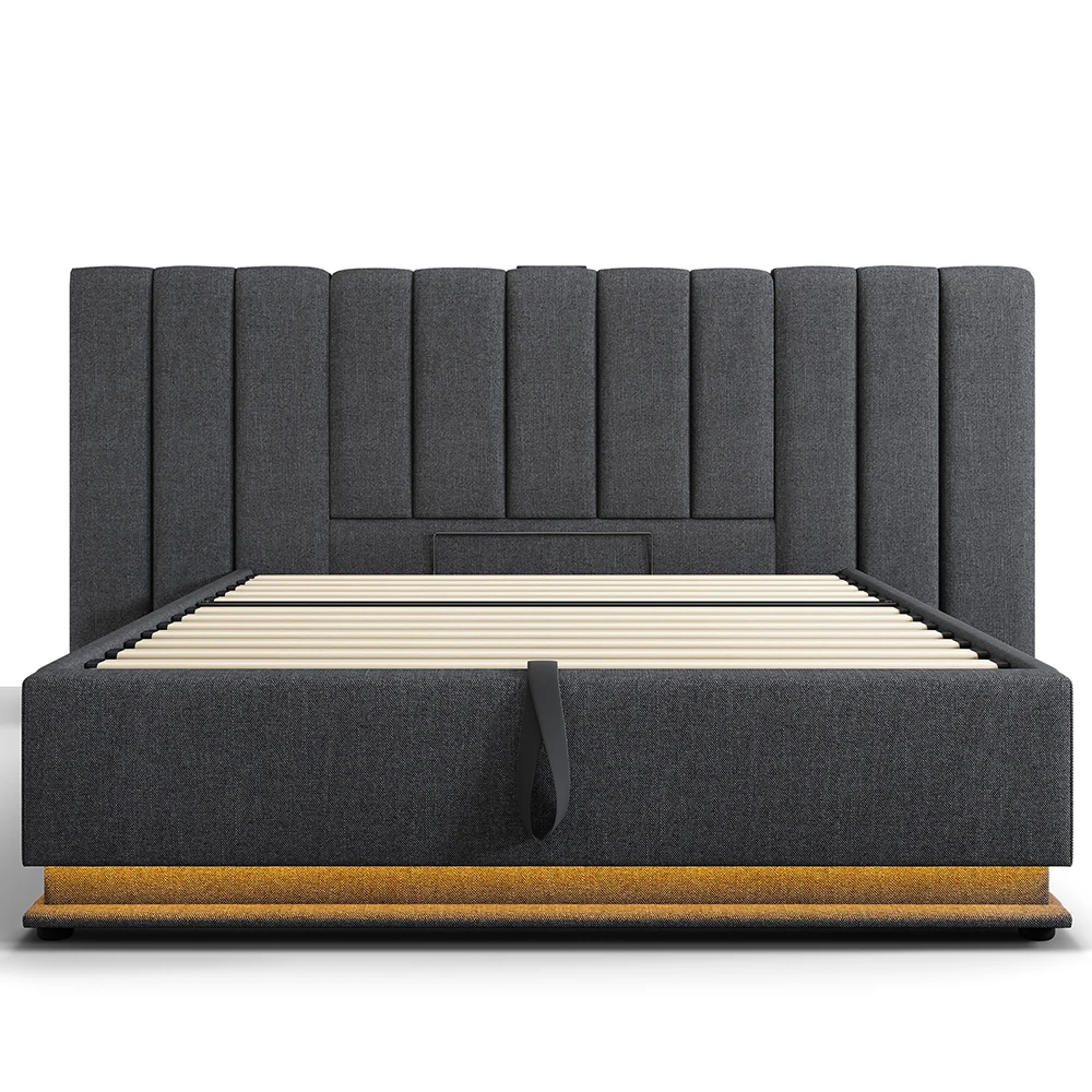 KOMHTOM Polsterbett, Stauraumbett mit LED und USB-C Ladefunktion, Leinen (Ohne Matratze und Nachttisch) Image