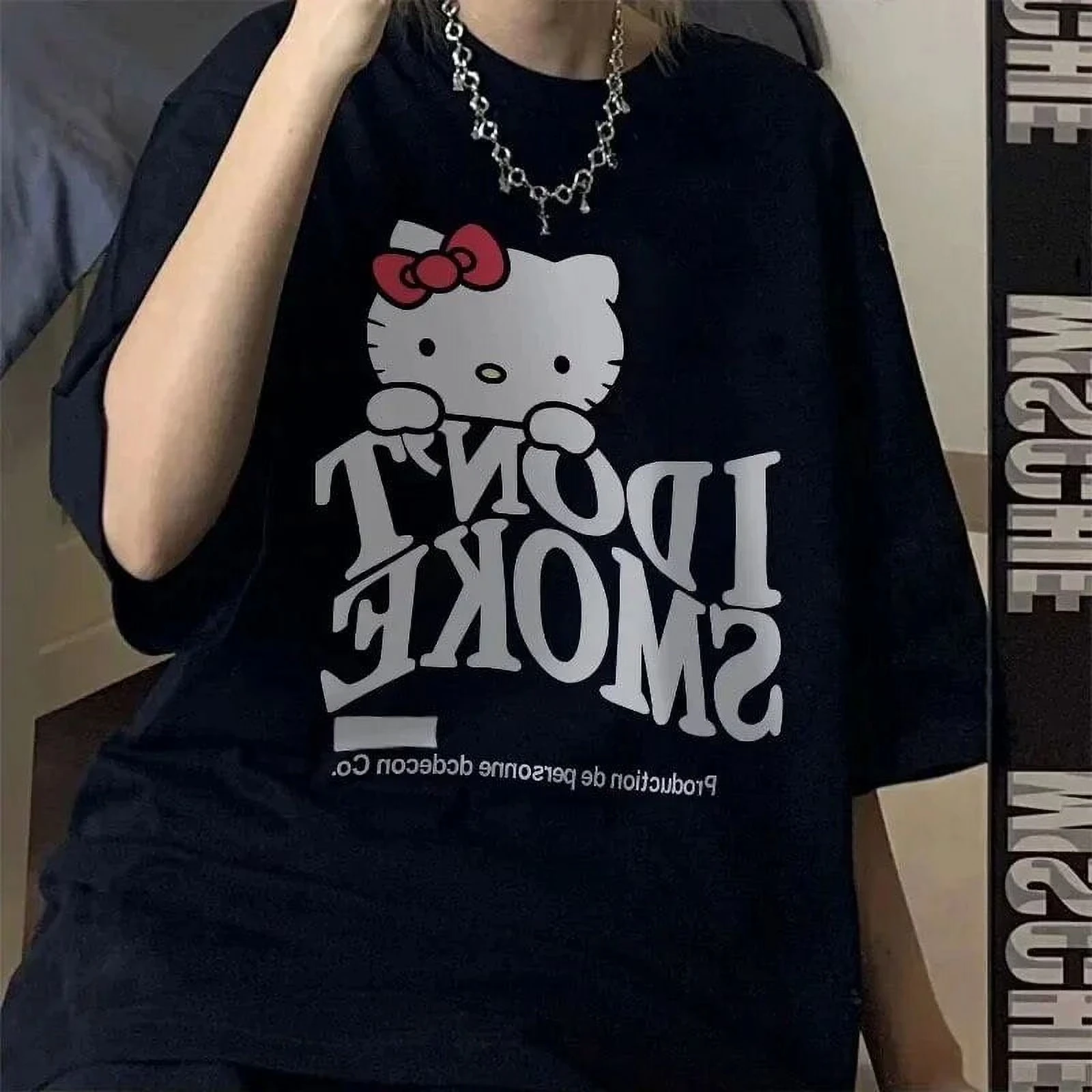 2026 Sommer Hello Kitty Oversized T-Shirt Hochwertige 100% Baumwolle mit Aufdruck 'I DON'T SMOKE' Unisex Retro Casual Y2K für Erwachsene und Kinder