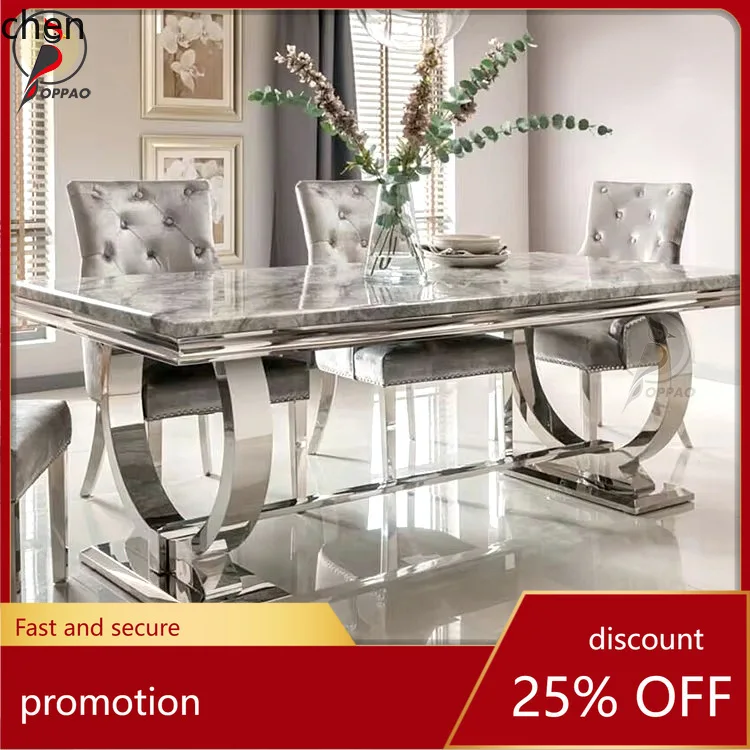 HT Modernes Marmor-Esstisch- und Stuhl-Set, rechteckiger Esstisch und Stühle, einfacher Esstisch aus Edelstahl für zu Hause Image