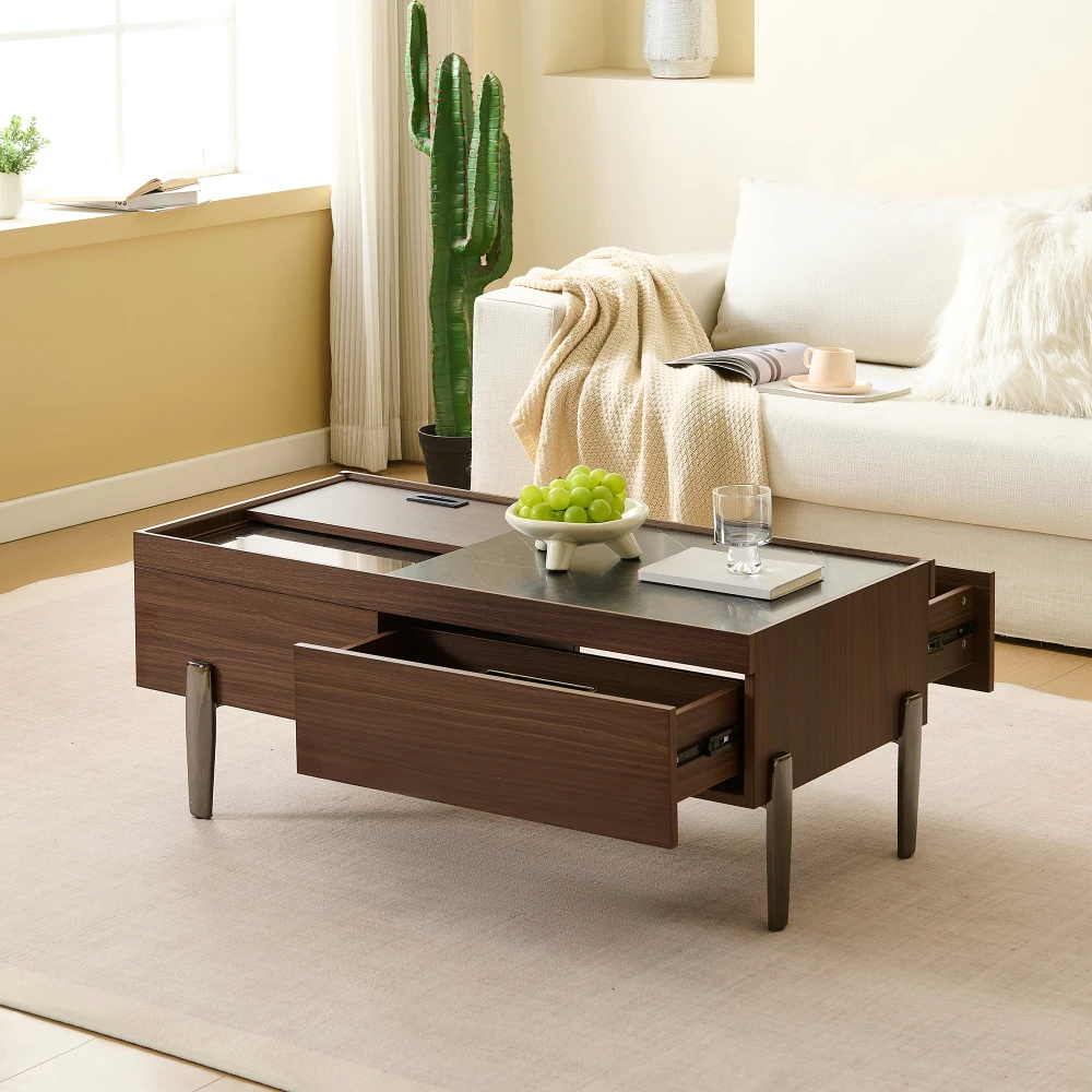 105×50×41,5cm Moderner Couchtisch mit Schubladen und Glasplatte, Holzschnitzerei in Marmoroptik, Metallbeine, Sofatisch für Wohnzimmer