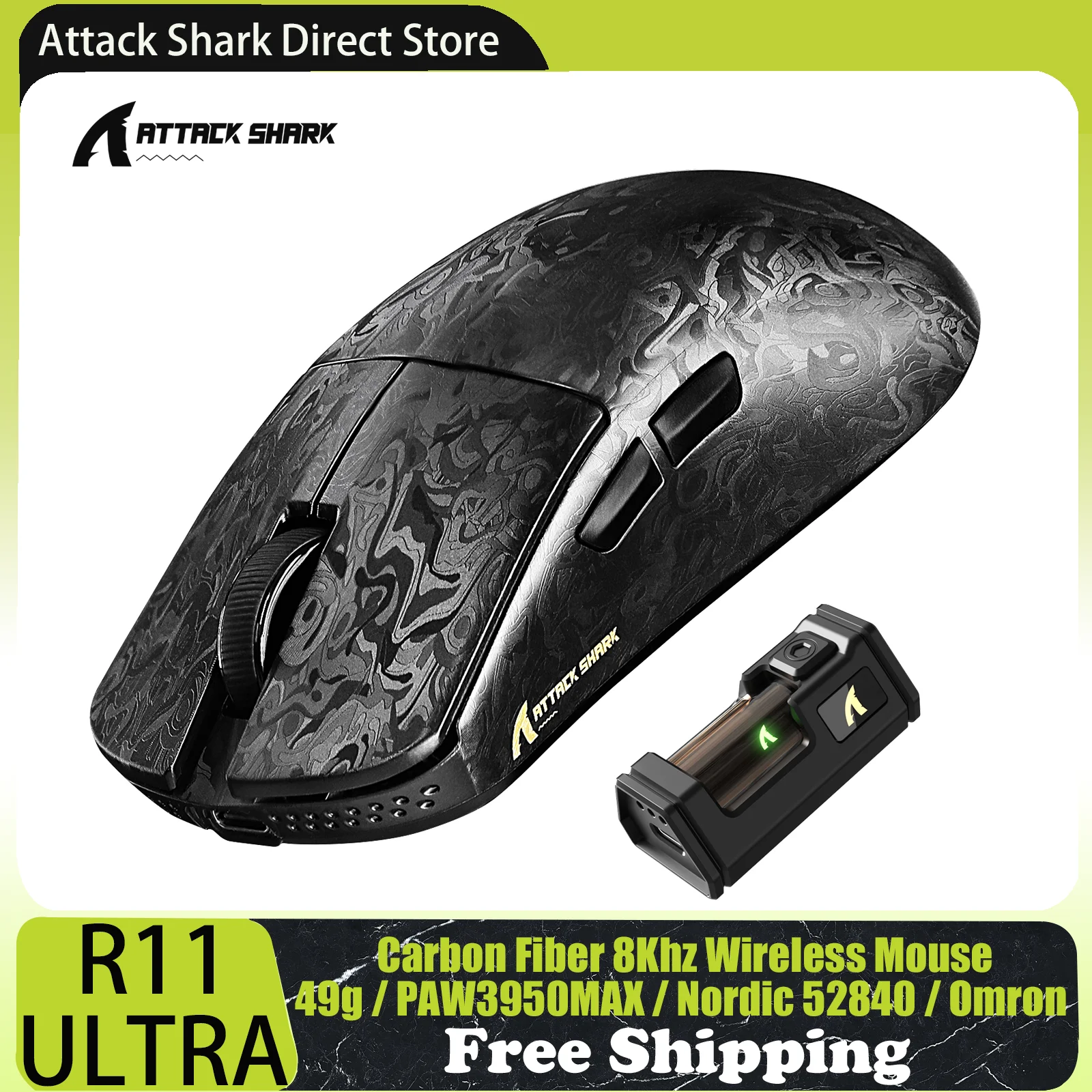 ATTACK SHARK R11 ULTRA Kabellose Gaming-Maus aus Kohlefaser, 8000Hz, PAW3950MAX, 42000DPI, 49g Leichtgewicht, 20000FPS, Nordic 52840 Image