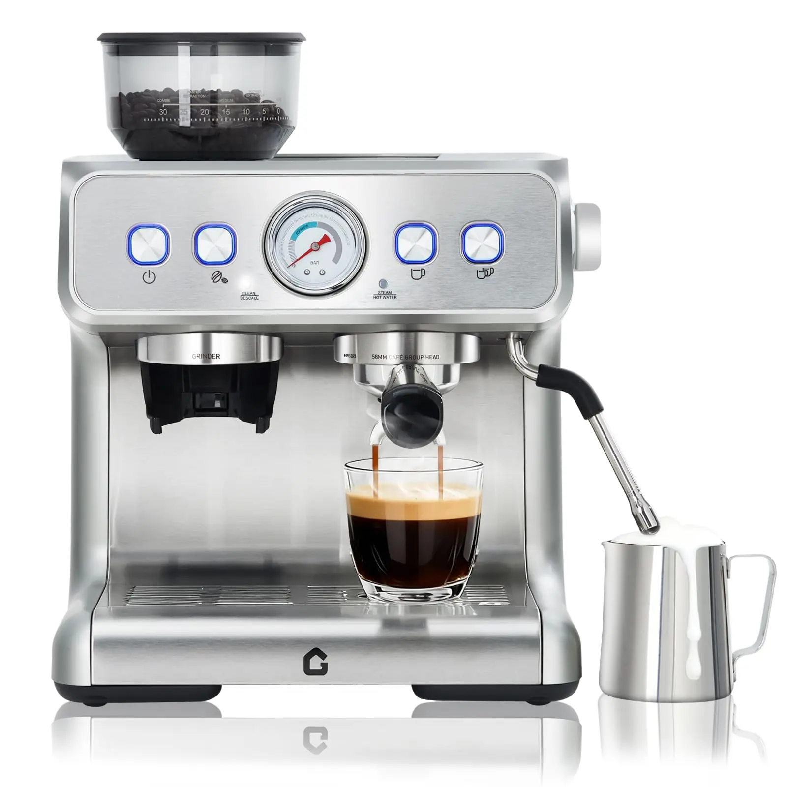 20-Bar-Espressomaschine aus Edelstahl mit Mahlwerk und Milchaufschäumer, 2,8 l abnehmbarem Tank, einstellbares Schussvolumen für das Heimbüro Image