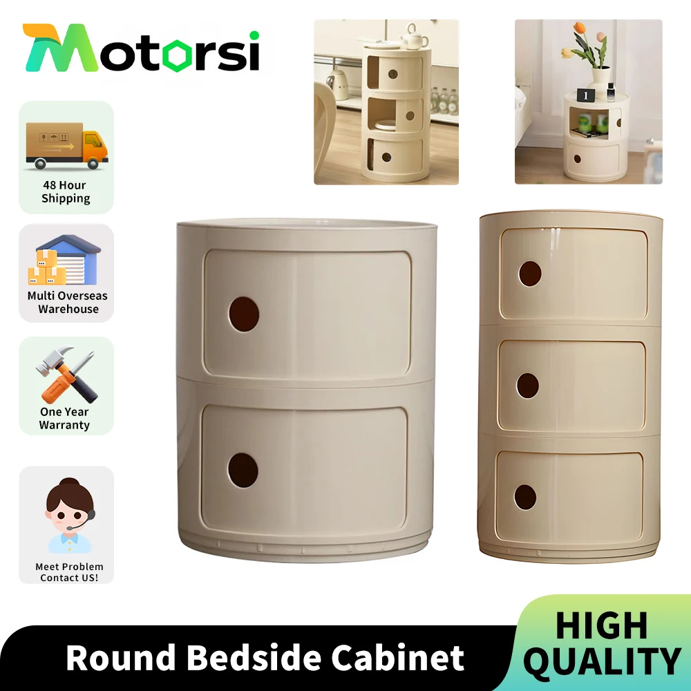 Motorsi 2/3-lagiger runder Nachttisch, Aufbewahrungseinheit, Schubladen-Home-Organizer, Schließfach für Schlafzimmer, Wohnzimmer, moderne Möbel Image