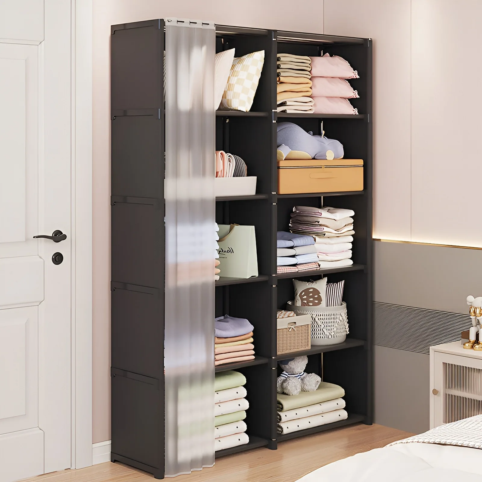 6-lagiger Schlafzimmer-Kleiderschrank, Aufbewahrungsregal, Kleiderschrank mit Vorhang – staubdichter Organizer für Steppdecken, Kleidung, Decken, Bücherschuhe