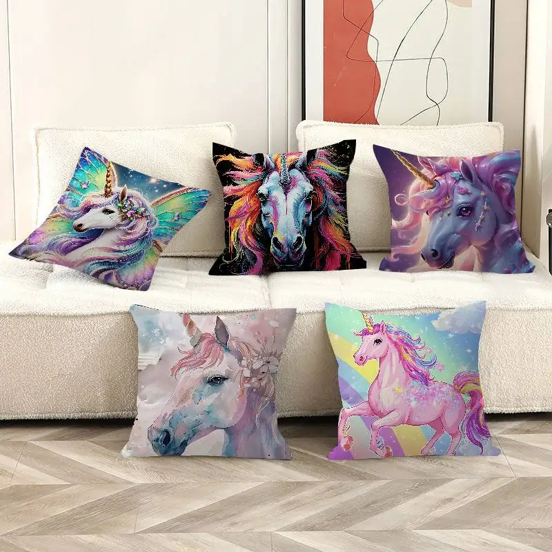 1pc Cartoon Regenbogen Einhorn Kissen Abdeckung Auto Werfen Kissen Fall Für Sofa Auto Weihnachten Geschenk 40x40cm 45x45cm Image