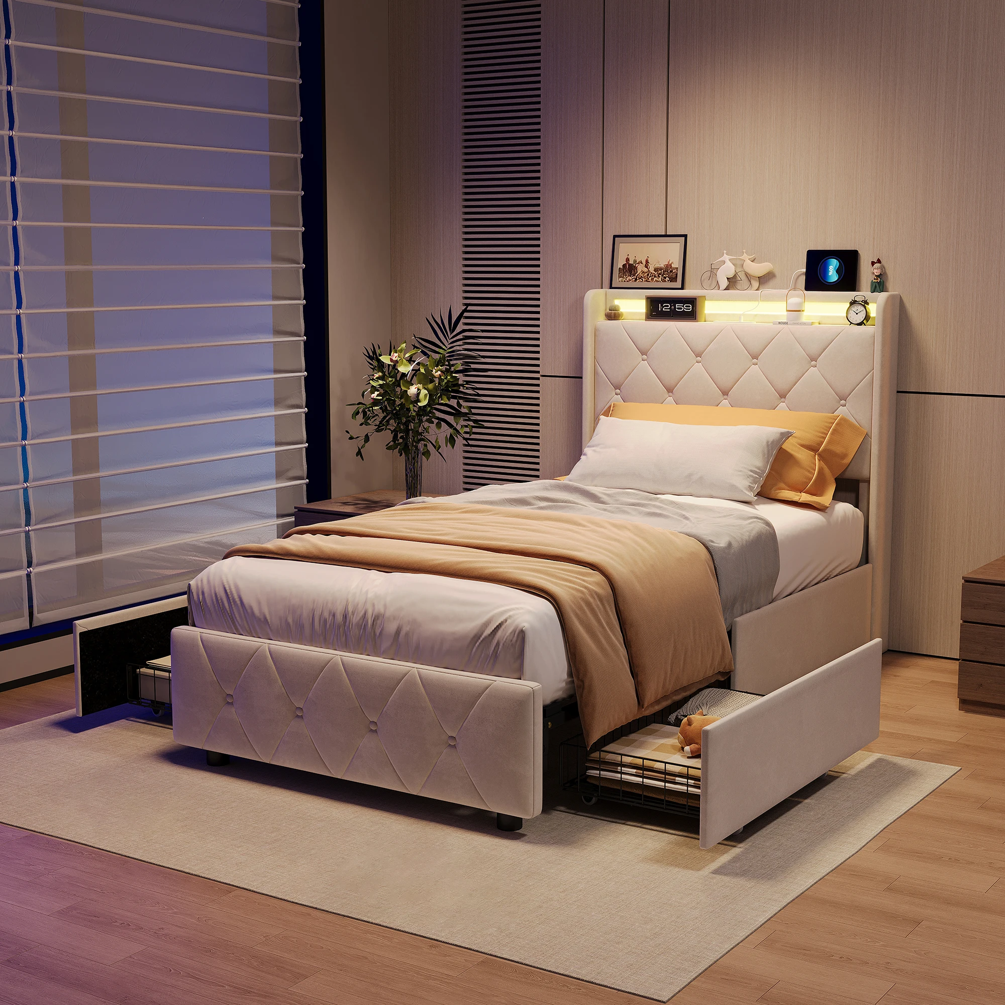 Rosahqnda Jugendbett 90x200cm mit LED, gepolstertes Einzelbett mit Stauraum und 2 Schubladen Image