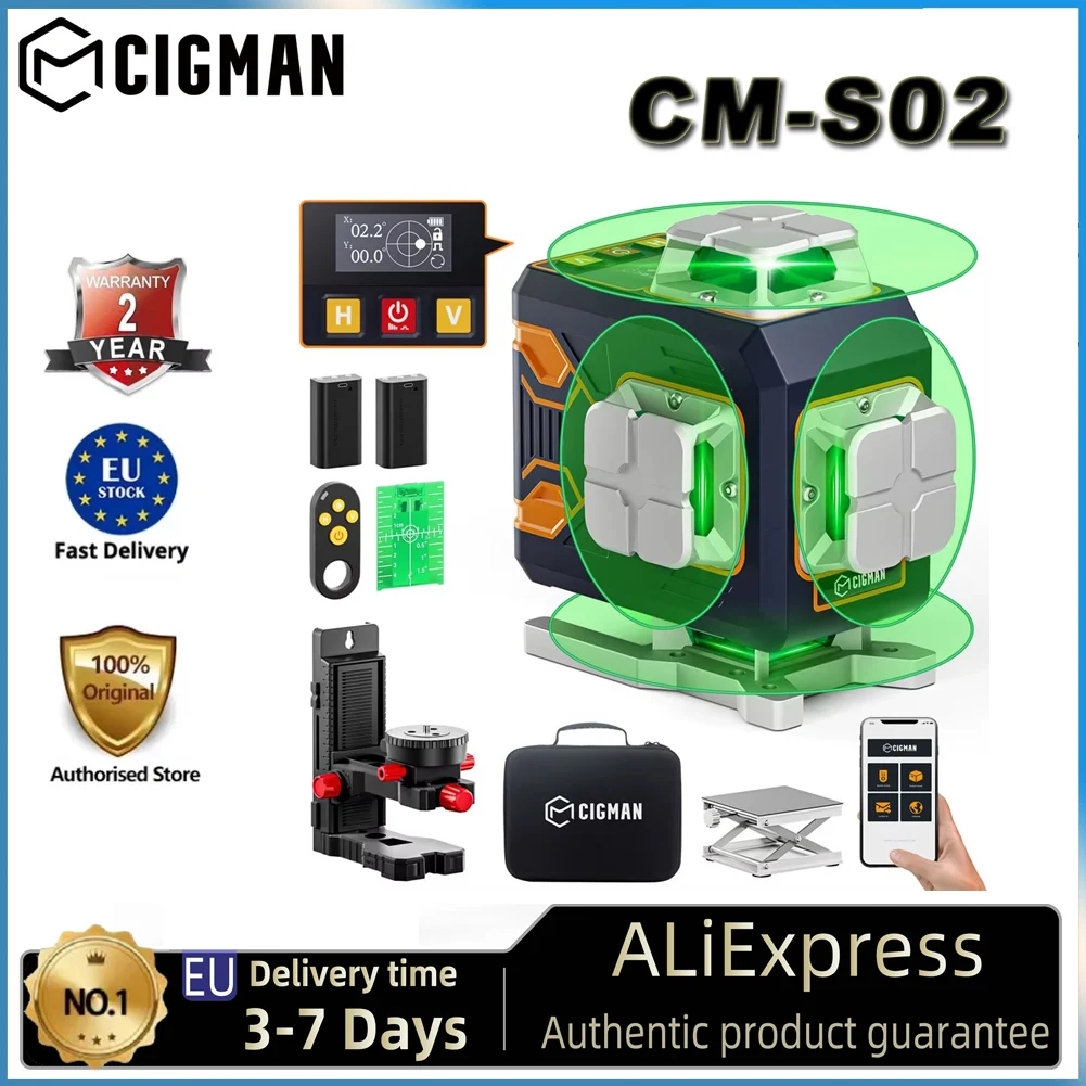 Cigman Cm-S02 4X360 ° 16-Linien-Laser-Nivelliergerät, App-Steuerung, LCD-Bildschirm, 40 Stunden, extrem lange Laufzeit Image
