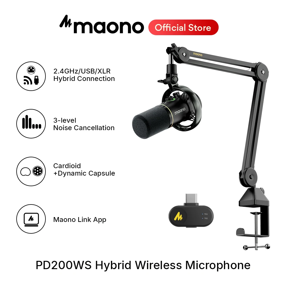 Maono PD200WS Hybrid-Funkmikrofon für Telefon, PC, XLR/USB, dynamisches Mikrofon für Podcasting, Gaming, Live-Streaming, Aufnahmen