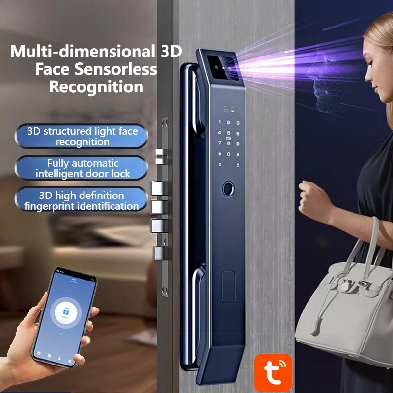 Neues automatisches Fingerabdruckschloss mit 3D-Gesichtserkennung. Sichtbares Katzenauge-Graffiti, intelligentes WIFI-Türschloss Image