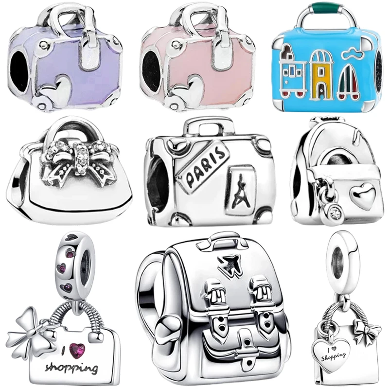 NEUE Heiße Verkauf Fit Silber Europäer Armband DlY Frauen Schmuck Geschenk Rosa Reise Lila Rucksack Charme Einkaufstasche Baumeln Perle Image