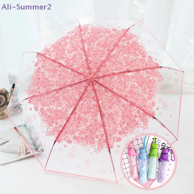 Sommerlicher Regenschirm im koreanischen Stil: Niedlicher, frischer, schlichter dreifach faltbarer transparenter Regenschirm mit Kirschblütenmuster Image