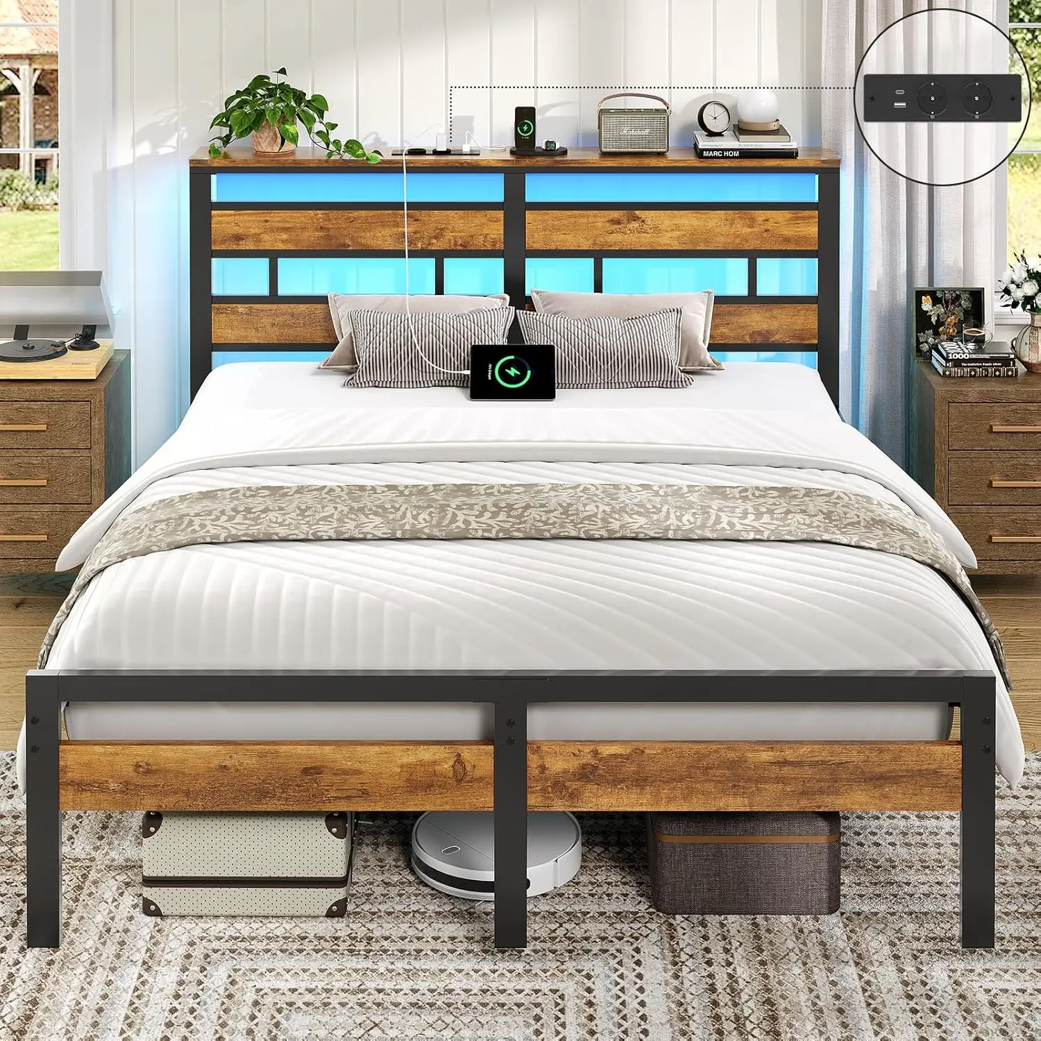 Bett 140 x 200 cm mit Metalllattenrost, Doppelbettrahmen 140 x 200 cm mit LED-Beleuchtung und Ladestation (2 AC-Steckdosen, 1 Image