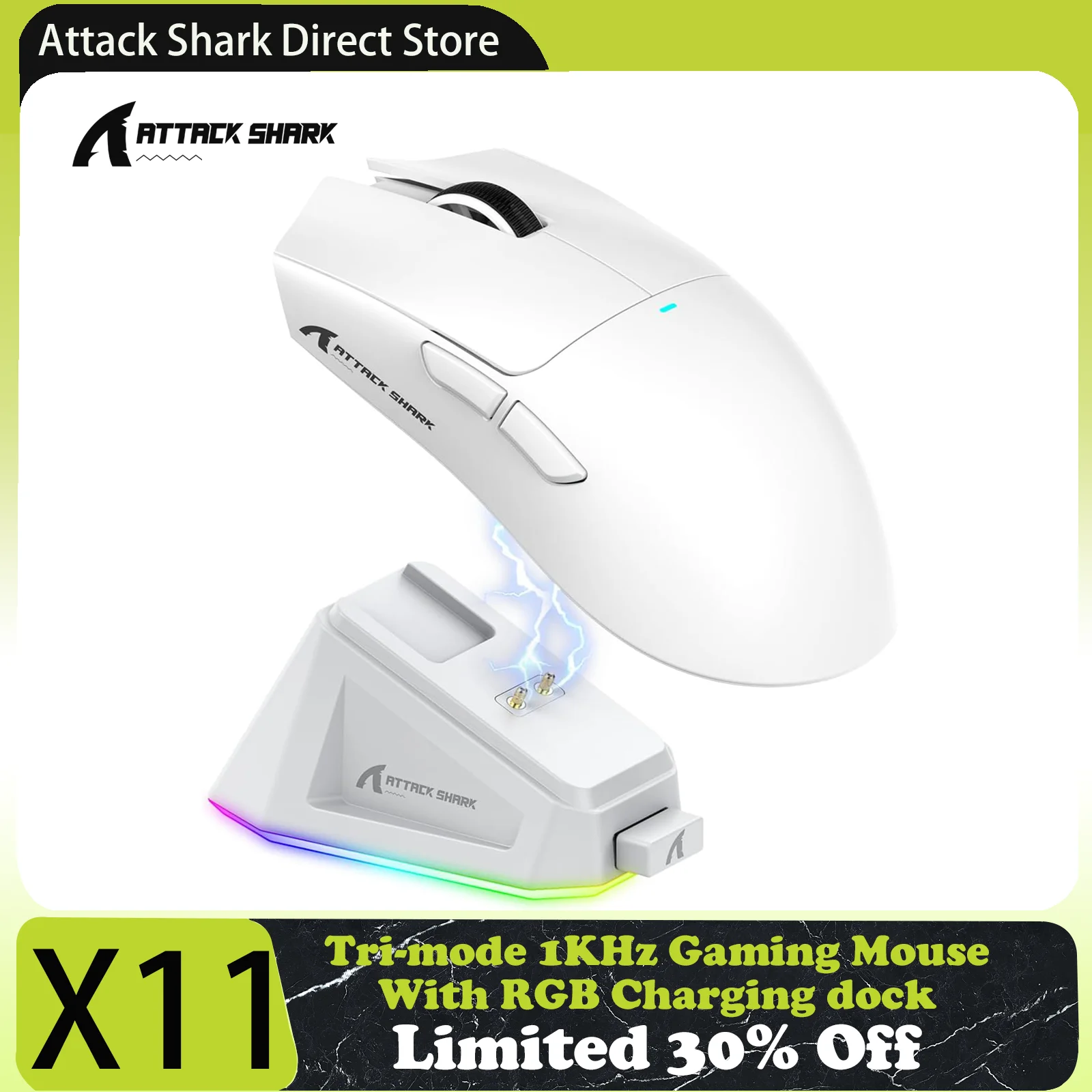 ATTACK SHARK X11 Leichte kabellose Gaming-Maus mit RGB-Hintergrundbeleuchtung, bis zu 22.000 DPI, optischer PAW3311-Sensor, HUYU-Switch Image