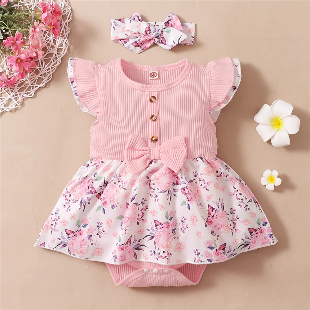 Robe barboteuse florale pour bébé fille de 0 à 18 mois, combinaison côtelée d'été à manches volantes avec bandeau, tenue 2 pièces pour nouveau-né fille
