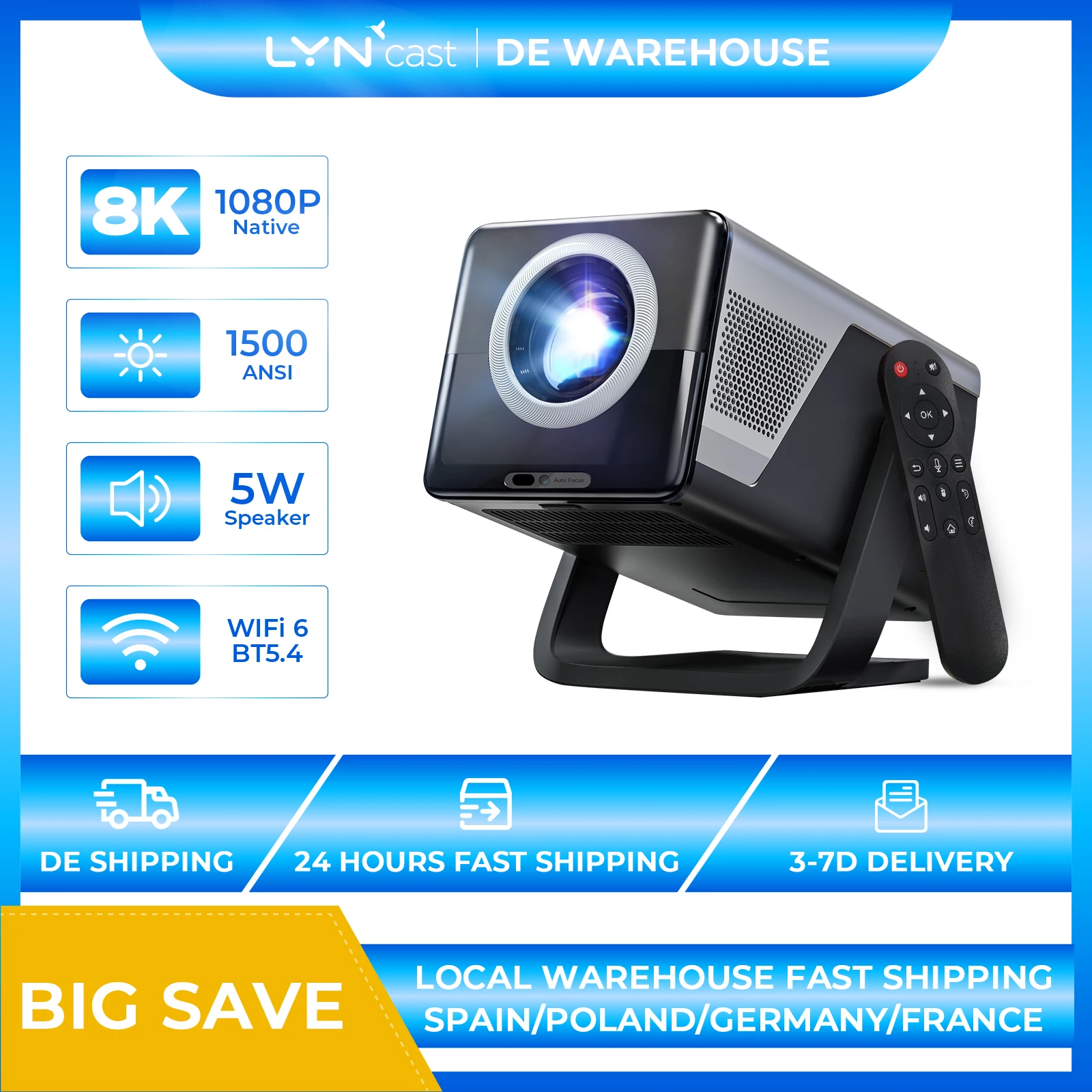 Lyncast Projektor X7 8K-Unterstützung 1500ANSI 1080P Autofokus Android 14 WiFi6 BT5.4 Heimkino-Projektoren Outdoor-Videoprojektor Image