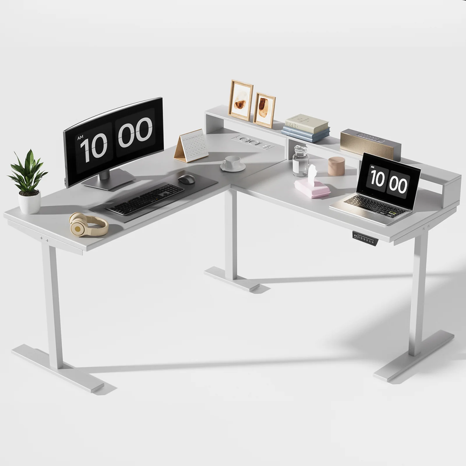 L-förmiger Elektrischer Stehschreibtisch, Doppelmotor, Leiser Gaming-PC-Tisch, hohe Tragkraft, mit Steckdosen/USB, Weiß