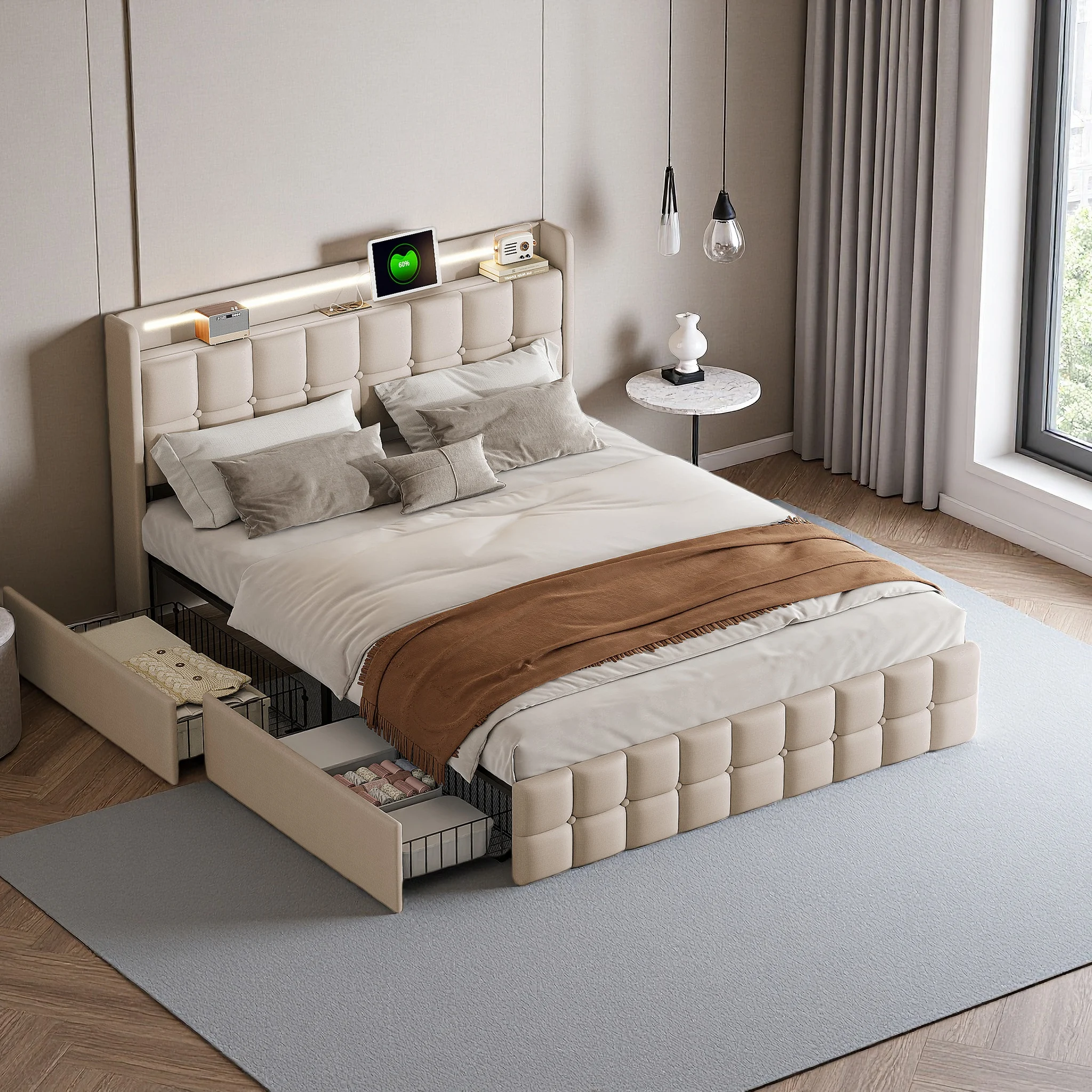 Anajqaqia 180x200cm Polsterbett mit 4 Schubladen, LED-Kopfteil mit USB-Ladefunktion, Doppelbett, Bettgestell mit Lattenrost, Leinen Image