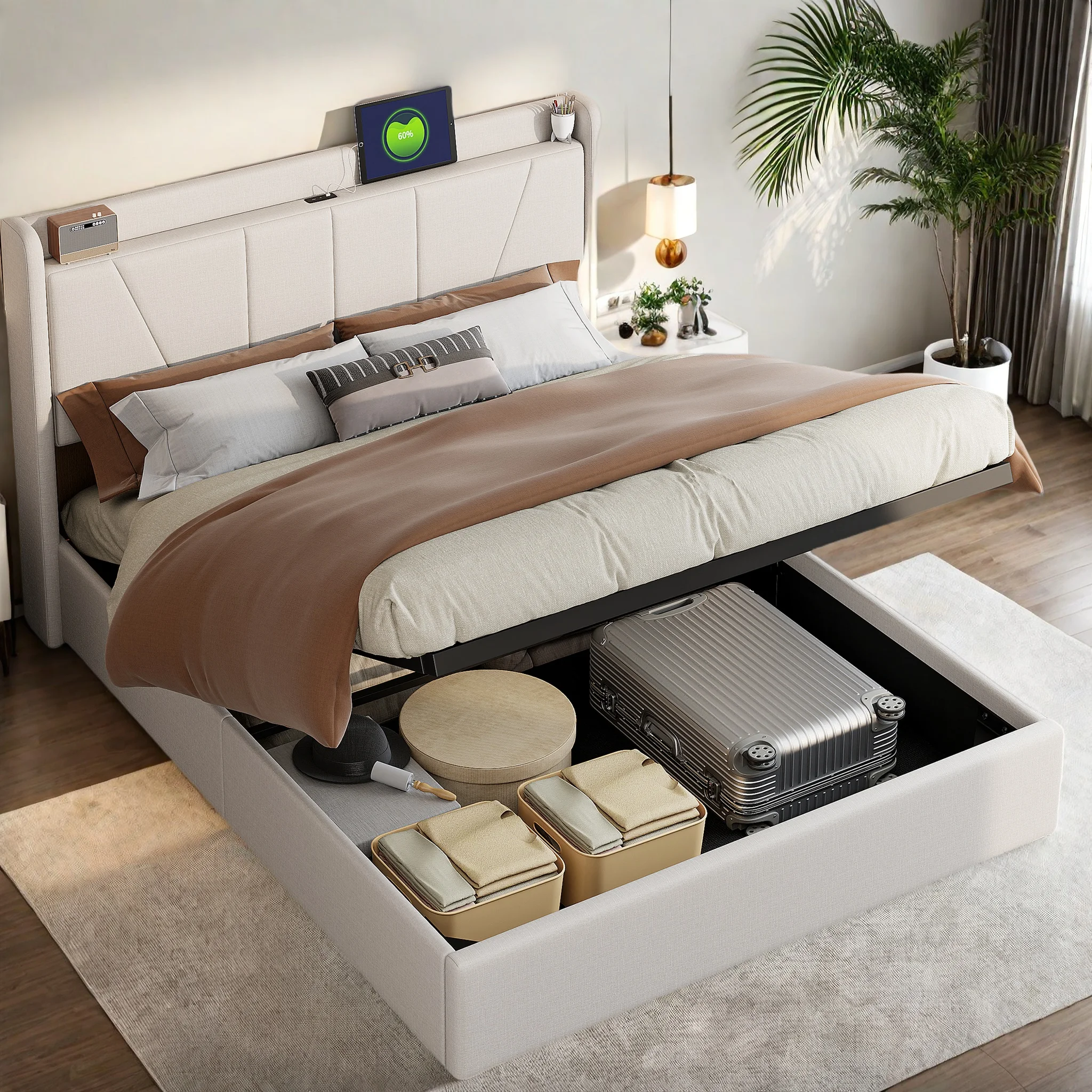 Anajqaqia 140×200/160×200 cm gepolstertes Doppelbett, hydraulisches Bett mit Stauraum und Lattenrost, Kopfteil mit USB-Anschluss Image