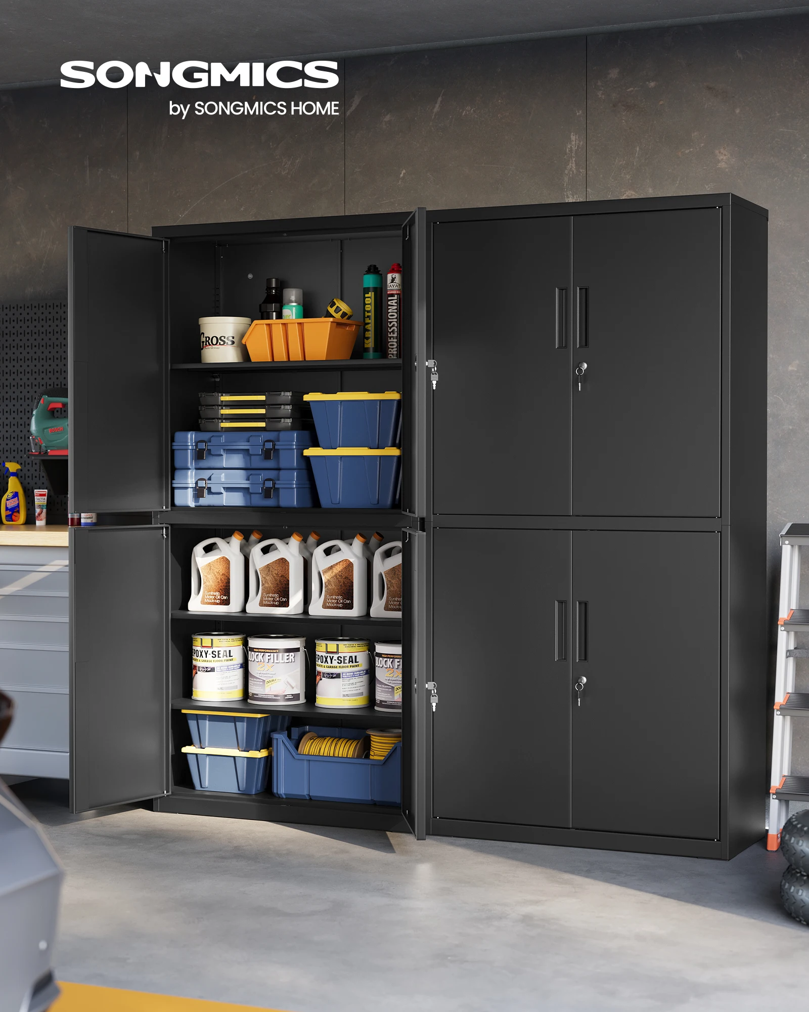 SONGMICS Aktenschrank, Mehrzweckschrank, Büroschrank, mit 4 Türen und 5 Ebenen, 40 x 80 x 180 cm, 2 Schlösser