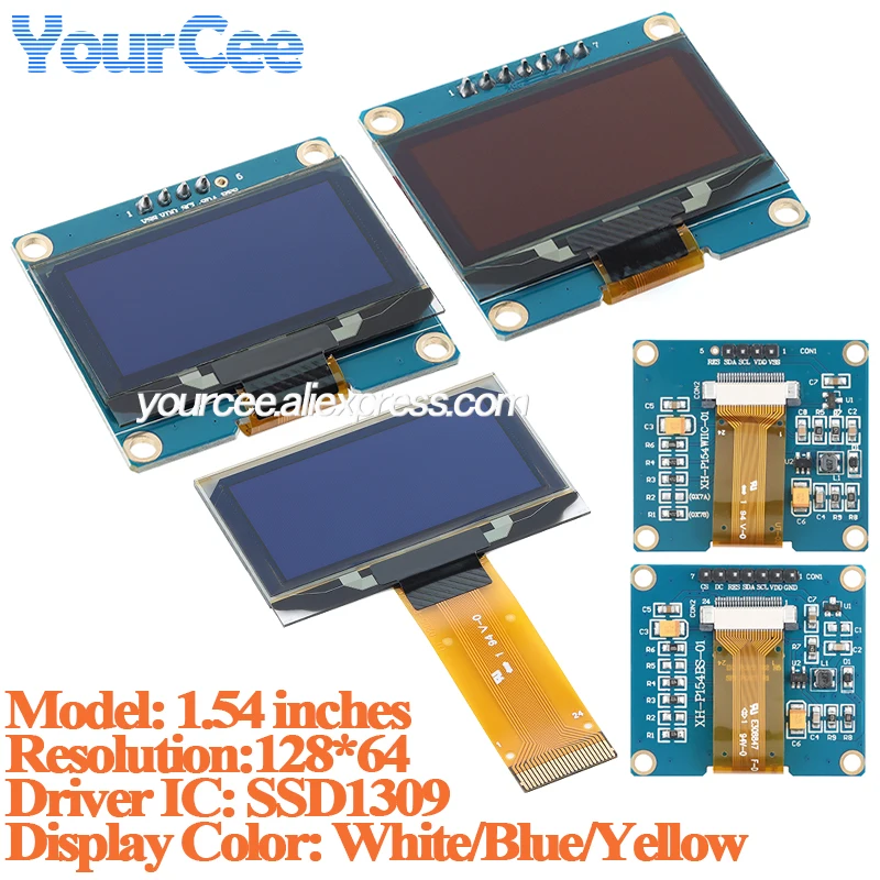 1,54 Zoll OLED-Modul 1,54 Zoll Display LCD-Bildschirm Auflösung 128*64 128x64 SSD1309 Treiber Blau Weiß Gelb 4Pin/7Pin IIC-Schnittstelle Image