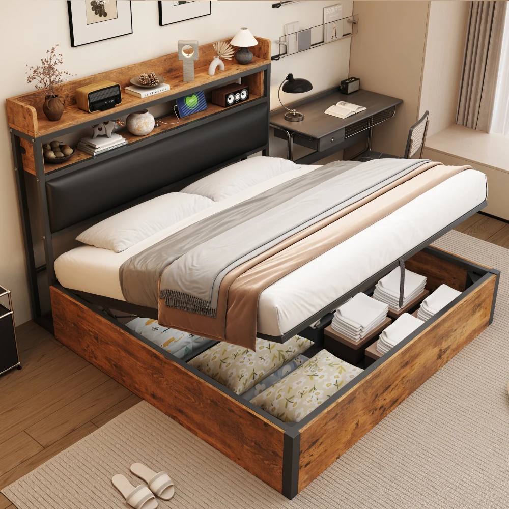 Bettgestell 180x200 mit Hydrauliklift, USB, Vintage-Design aus Holz und Metall, Versteckter Stauraum Moderne Schlafzimmermöbel Image