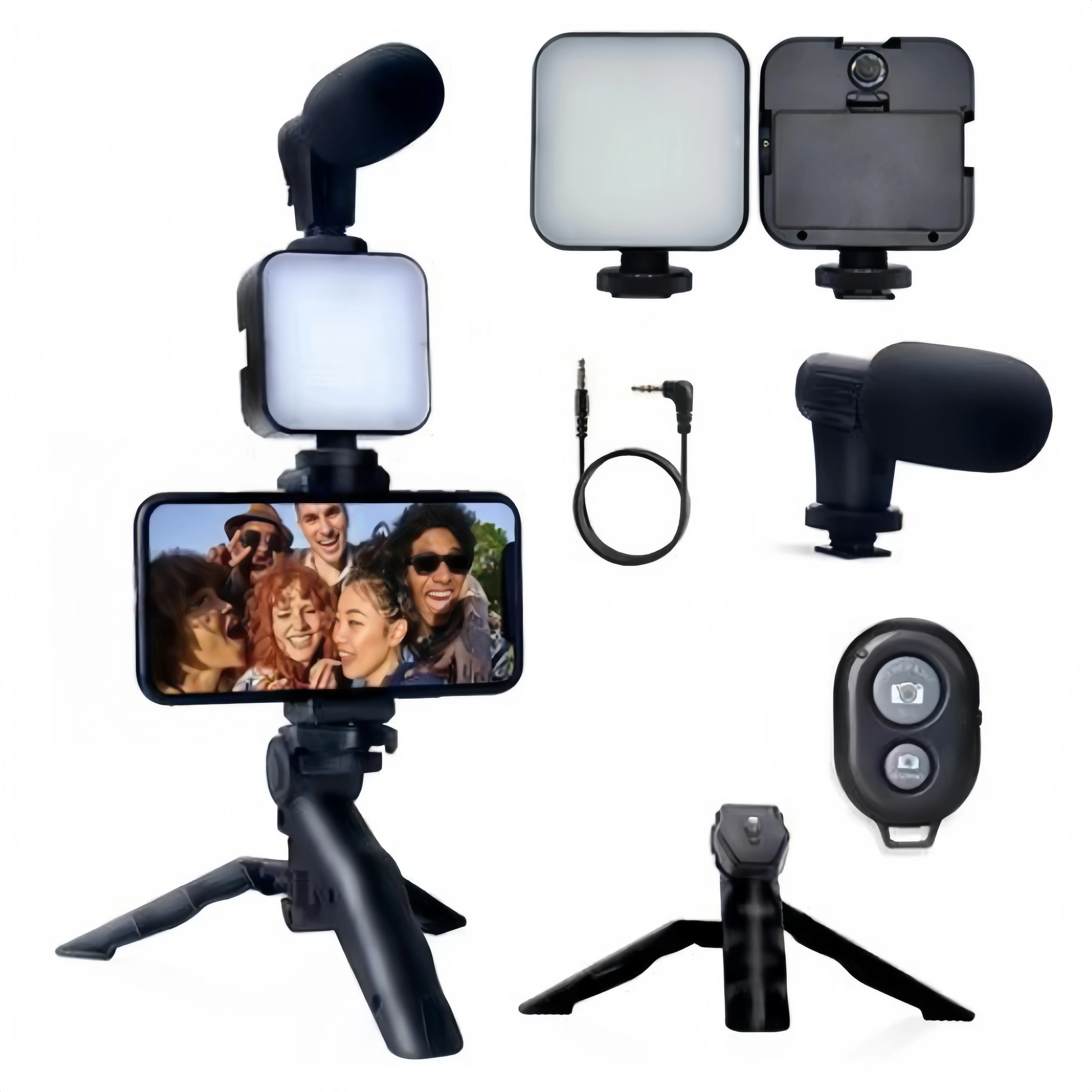 Mikrofon Tisch Stativ Set mit Handyhalterung und LED Licht für Aufnahme Livestream Image