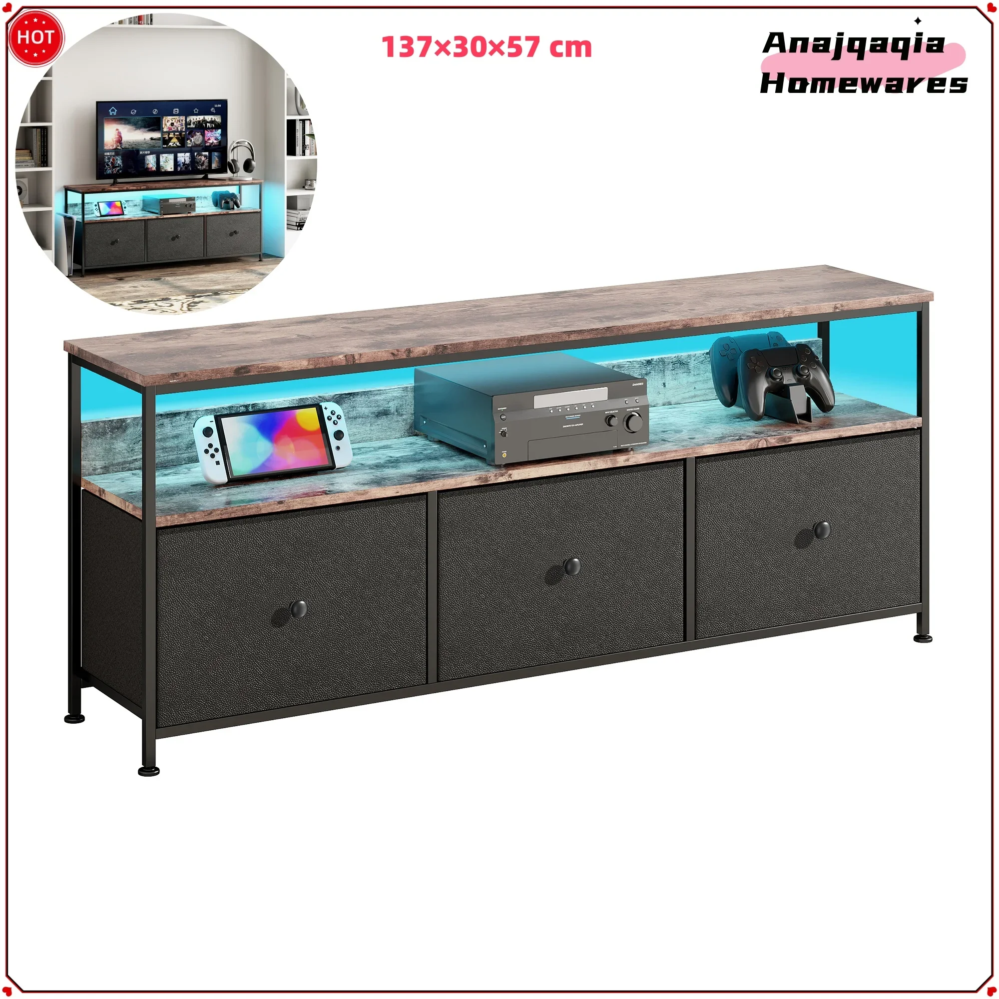 Anajqaqia TV-Schrank, LED-Farbwechsel-TV-Schrank mit 3 Schubladen, TV-Tisch, mit offenem Stauraum für Wohnzimmer, Schlafzimmer Image