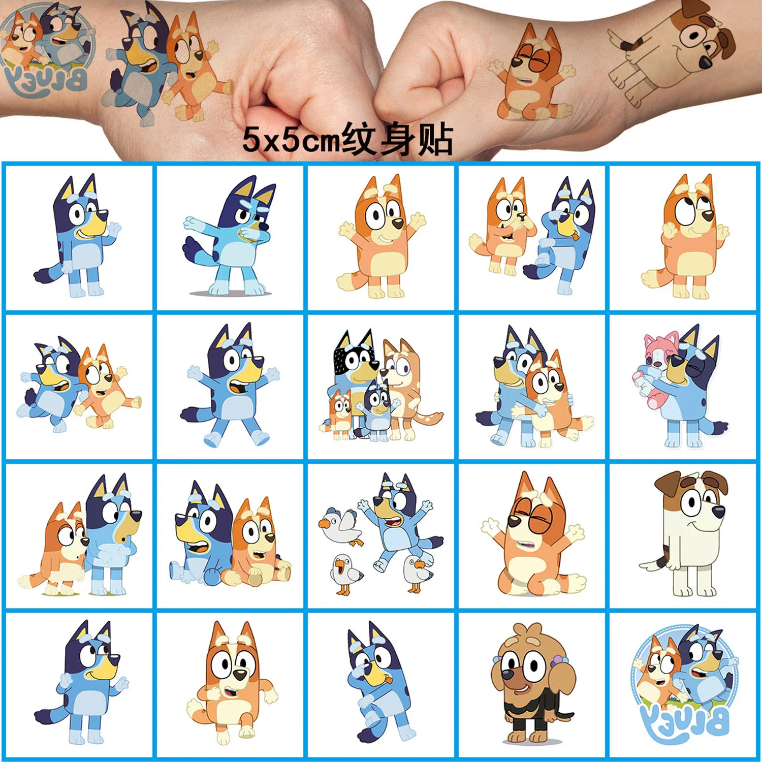 6 Blatt/Set Bluey Tattoo-Aufkleber für Kinder, temporäre Fake-Tattoos zum Aufkleben auf Gesicht, Arm, Bein, als Geburtstags- oder Weihnachtsgeschenk für Kinder Image