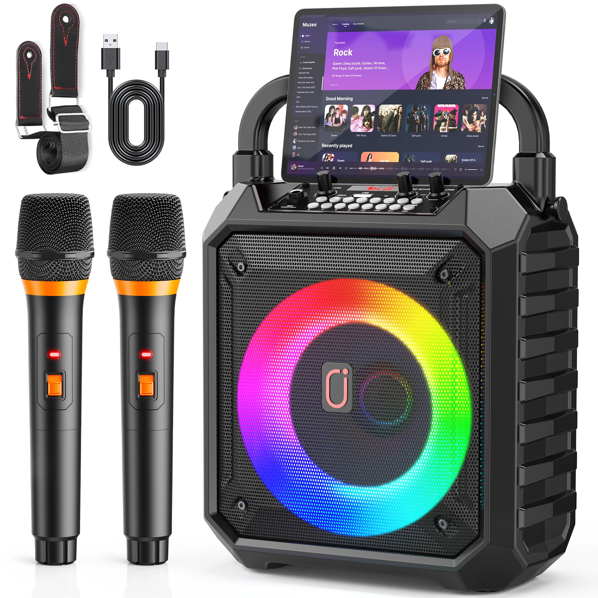 FanFun Karaoke-Maschine mit 2 Mikrofonen, Bluetooth-Karaoke-Lautsprecher mit LED-Licht, Heim-Karaoke-System-Set, T17-T Image