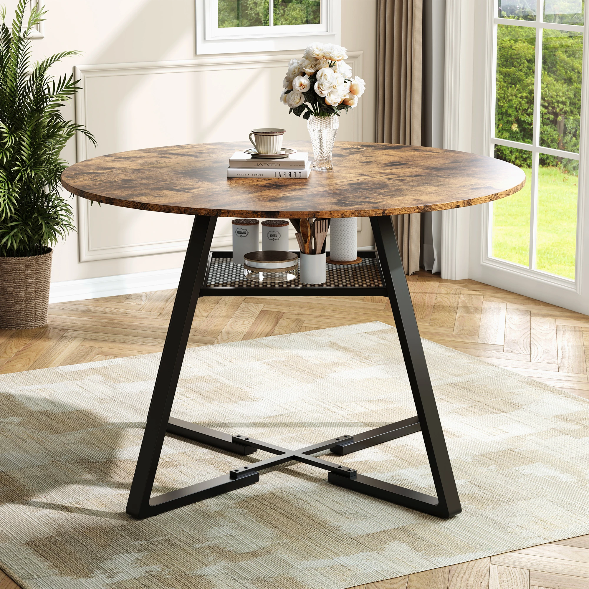 Comanlai 120×120×75 cm runder kleiner Esstisch, Küchentisch, Esszimmertisch mit Stauraum für 4-6 Personen, Metallgestell