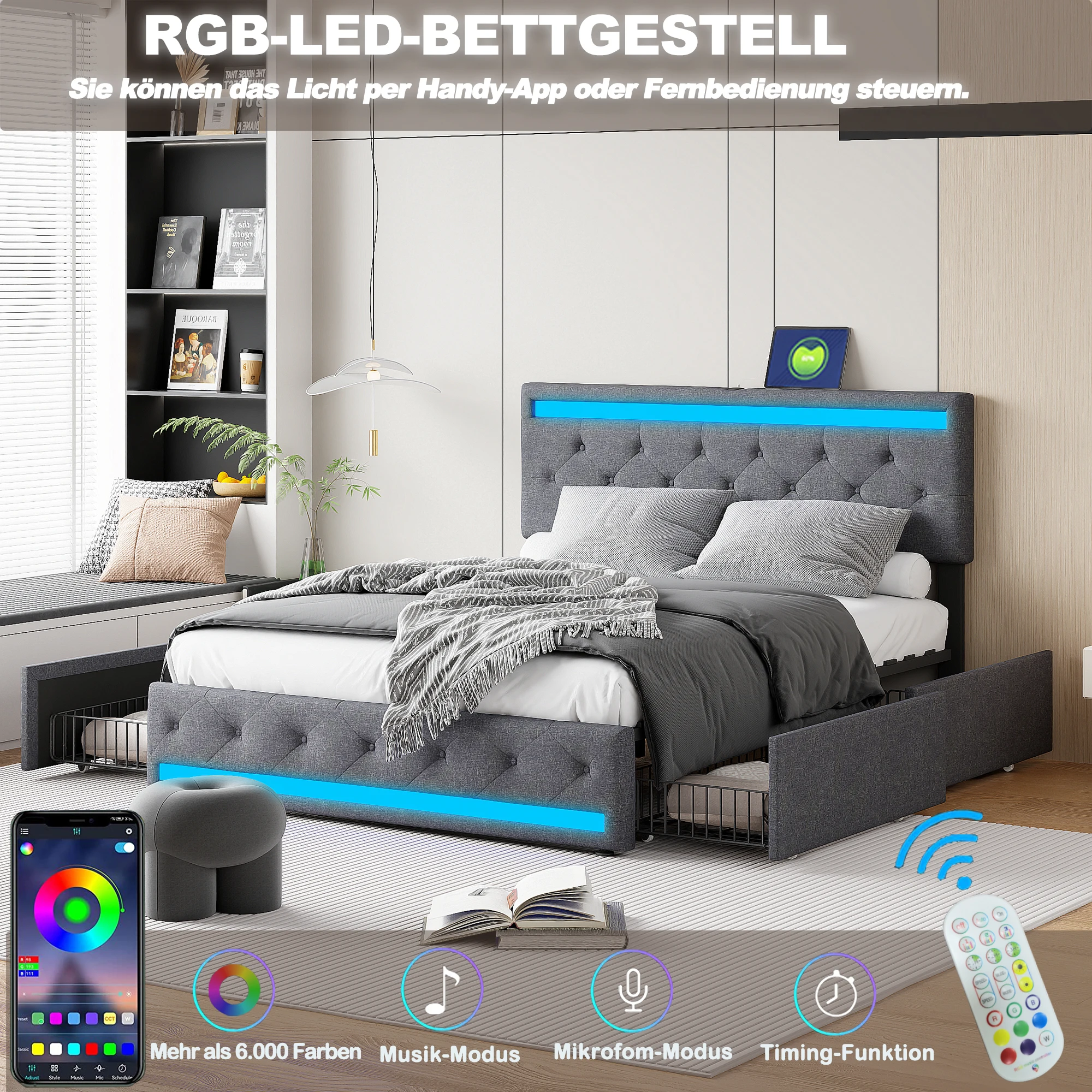 Superaly 180x200cm Gepolstertes Doppelbett mit Lichtleiste und USB-Ladefunktion, 4 Schubladen, Stauraum, Leinen, Dunkelgrau Image