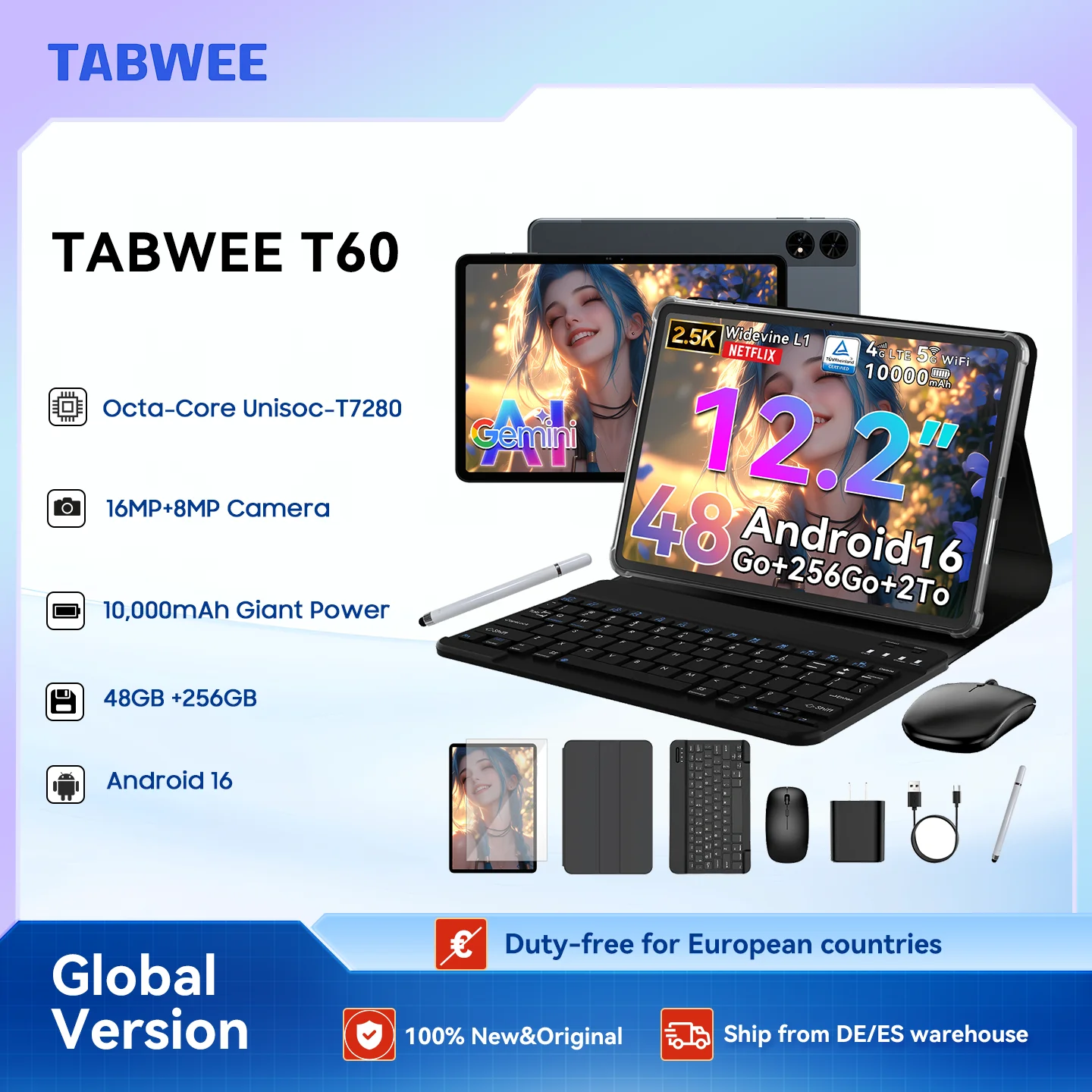 TABWEE T60 Tablet-PC mit Tastatur, 12,2 Zoll 2,5K-Display, Android 16 Tablet, bis zu 36 GB + 256 GB, 10000 mAh, 5G WiFi/LTE, BT-Maus Image