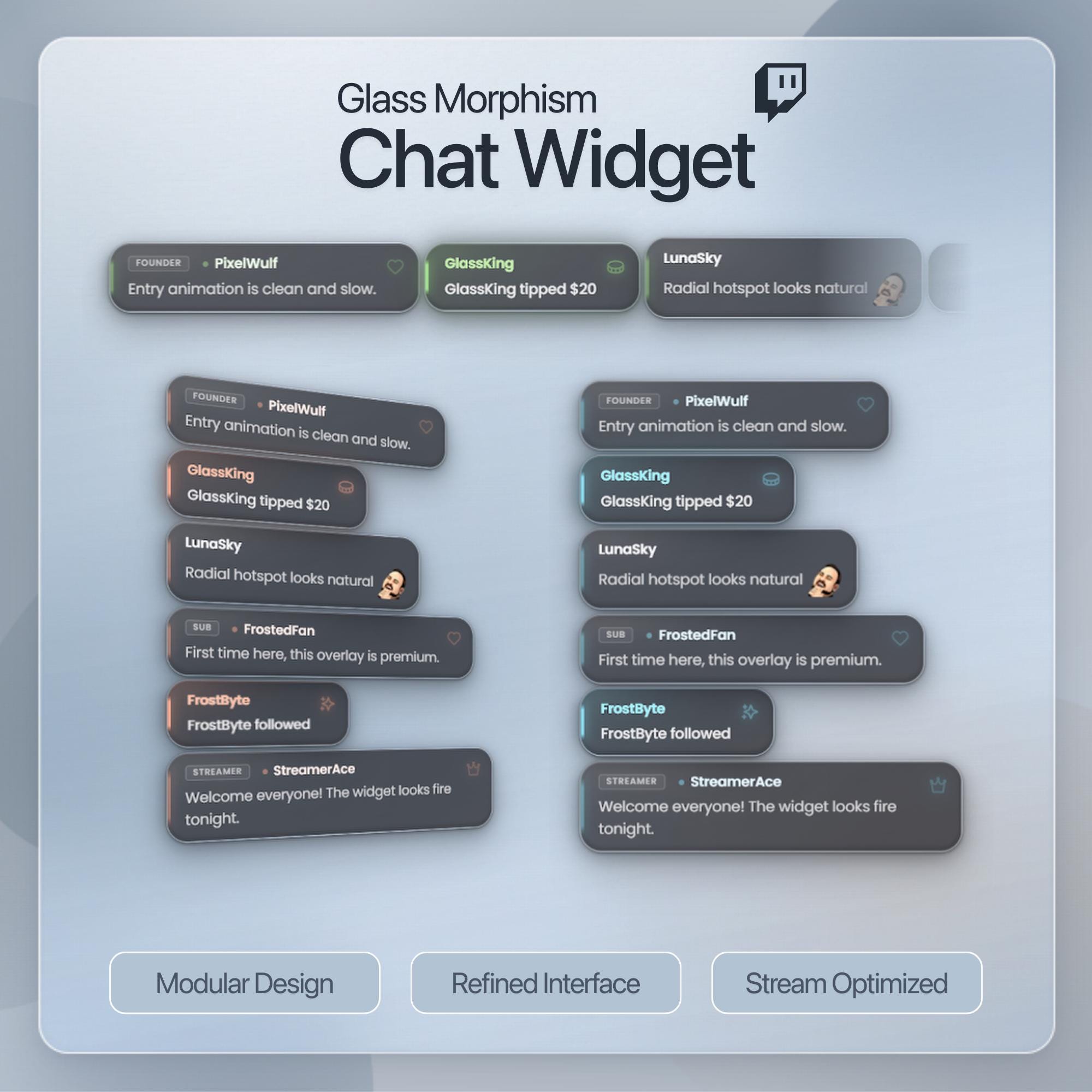 Casella di chat di Glass Twitch: sovrapposizione StreamElements trasparente minima / widget interfaccia utente moderna