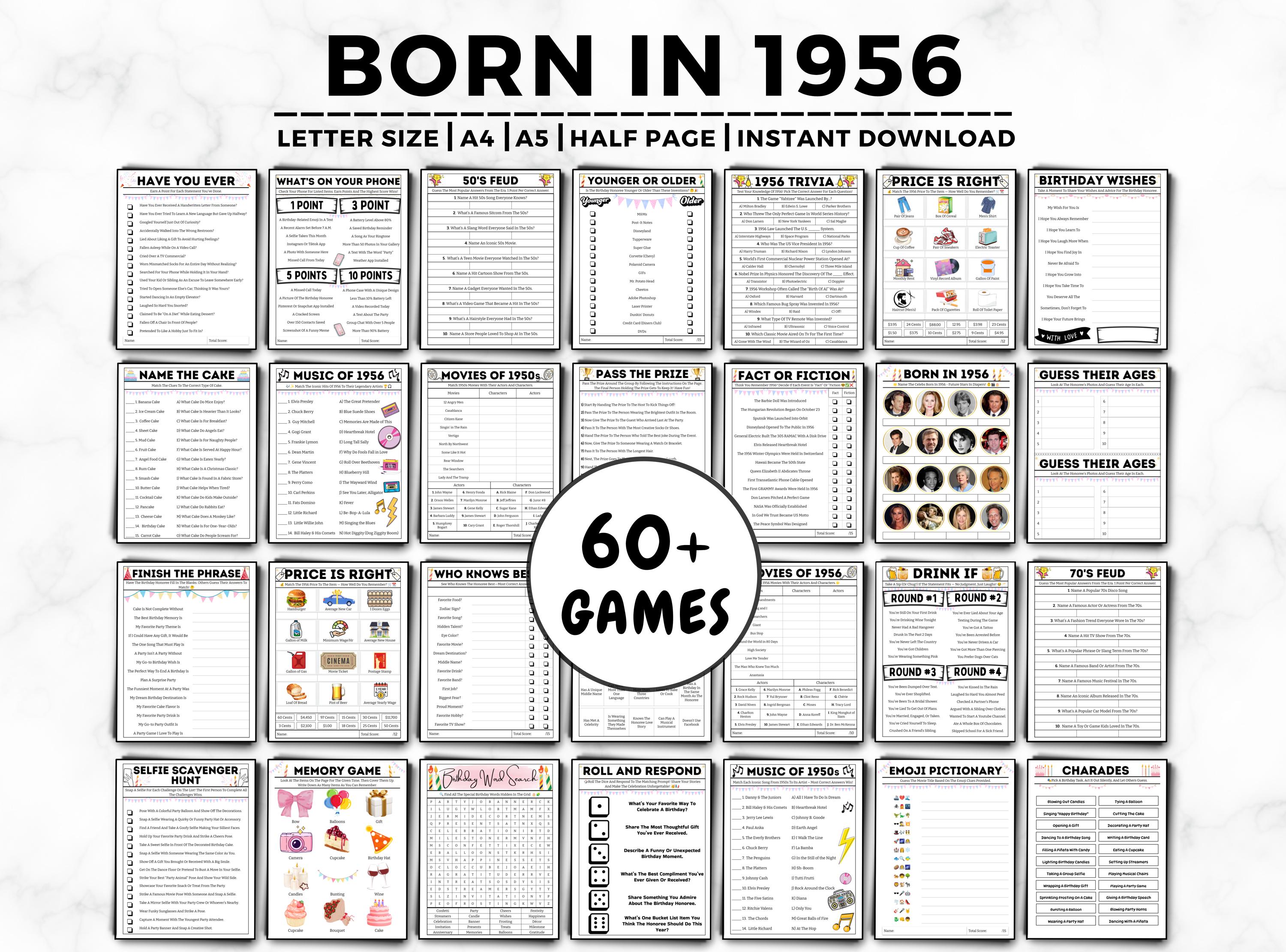 Giochi per feste di compleanno del 70o compleanno, nato nel 1956, giochi per il 70o compleanno, giochi per nati nel 1956, gioco a quiz, giochi per 70e