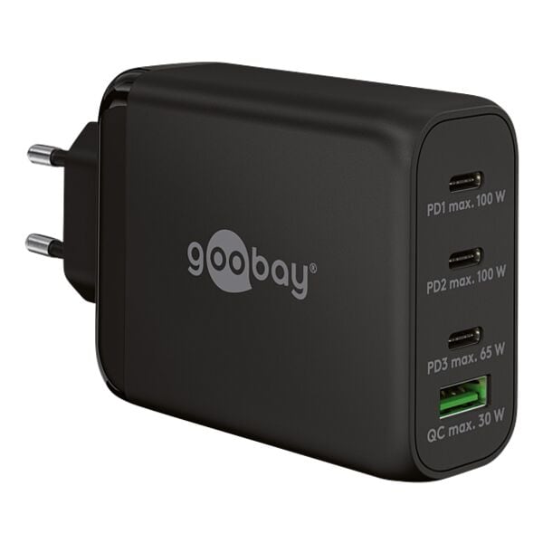 goobay Multiport-Schnellladegerät GaN 3x USB-C (PD) / 1x USB-A (QC) 100 W schwarz schwarz, 2.95x6.1x11.5 cm